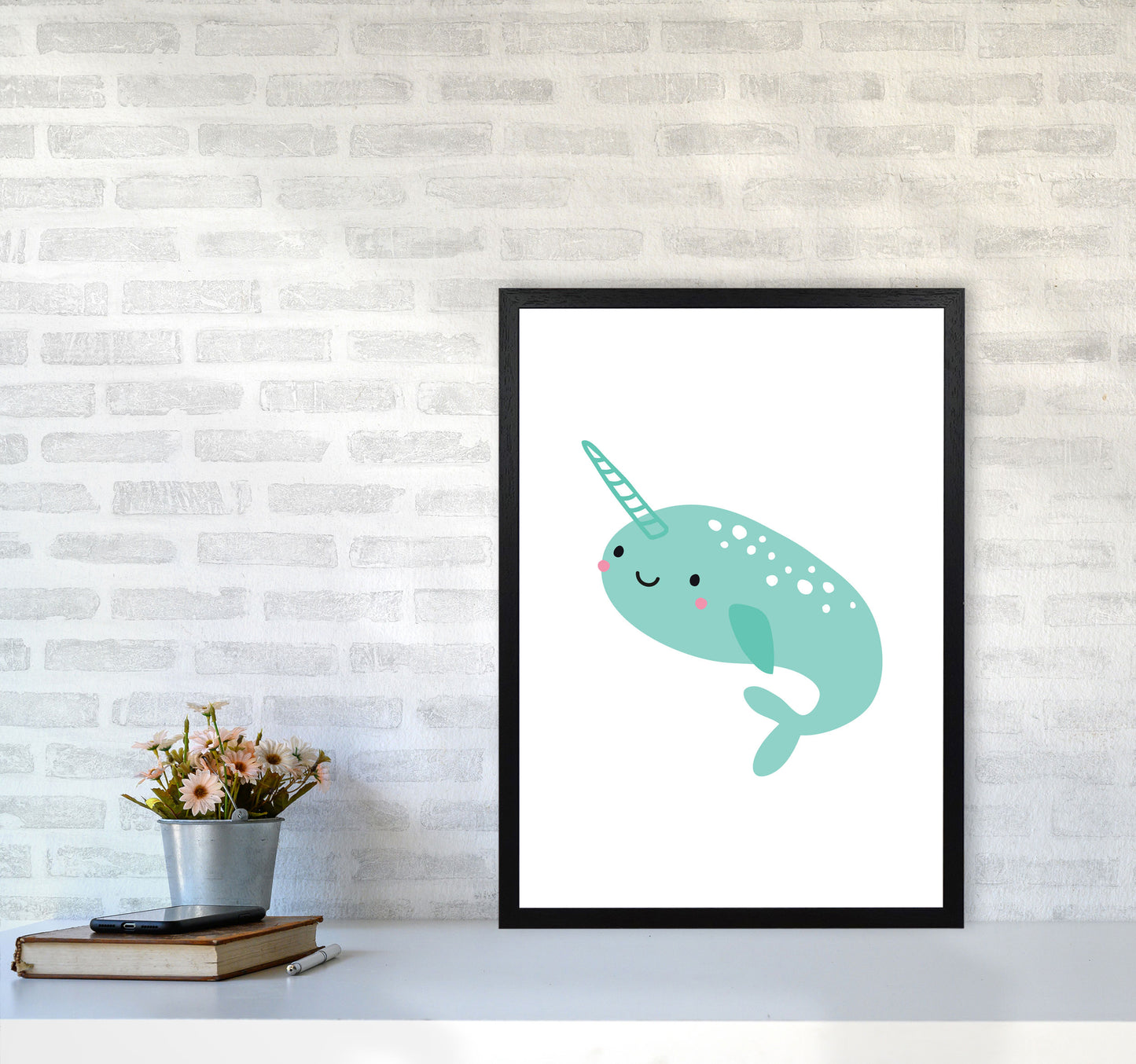 Children's Animals, Narwhal Modern Print A2 White Frame