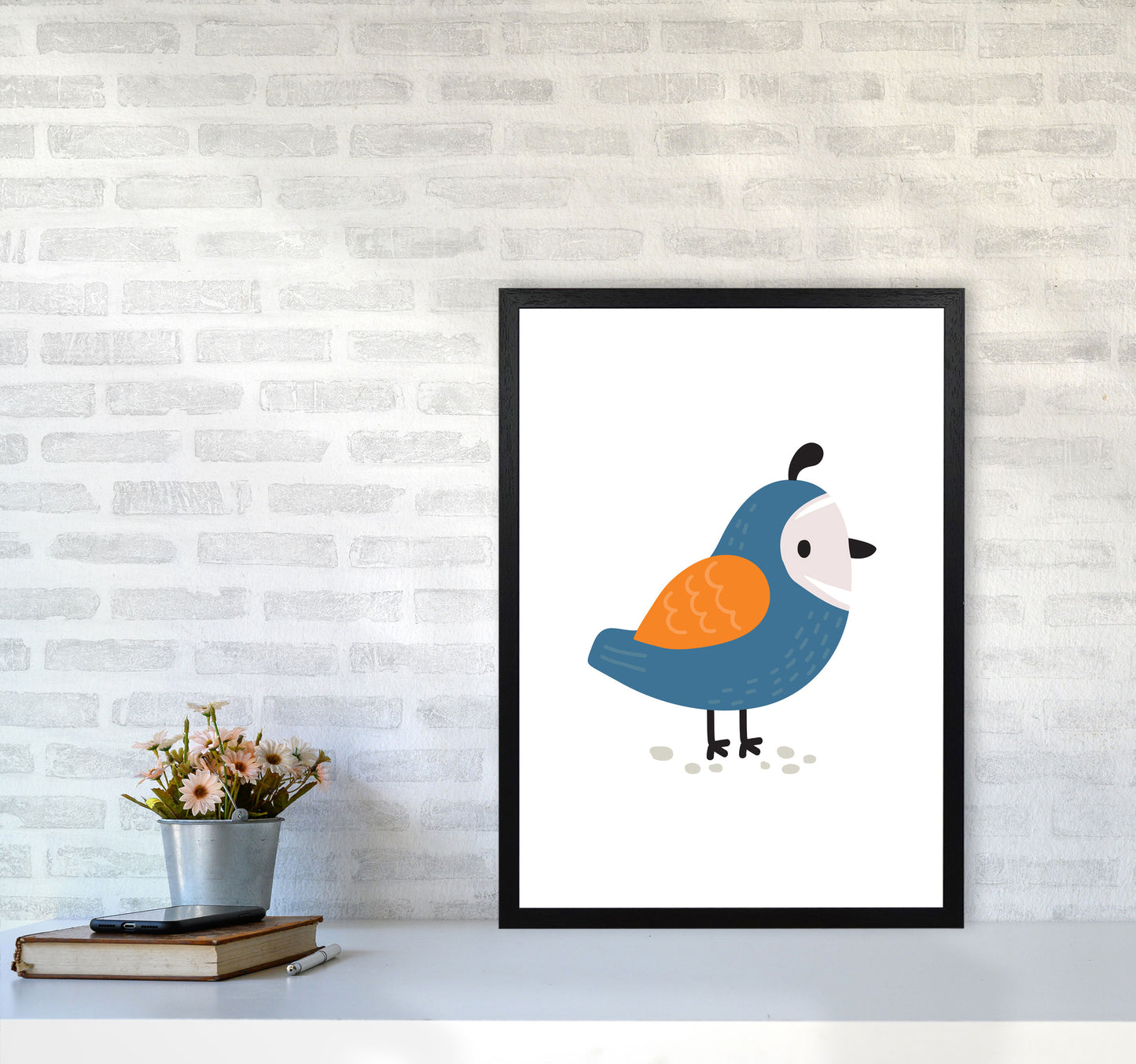Children's Animals, Quail Modern Print A2 White Frame