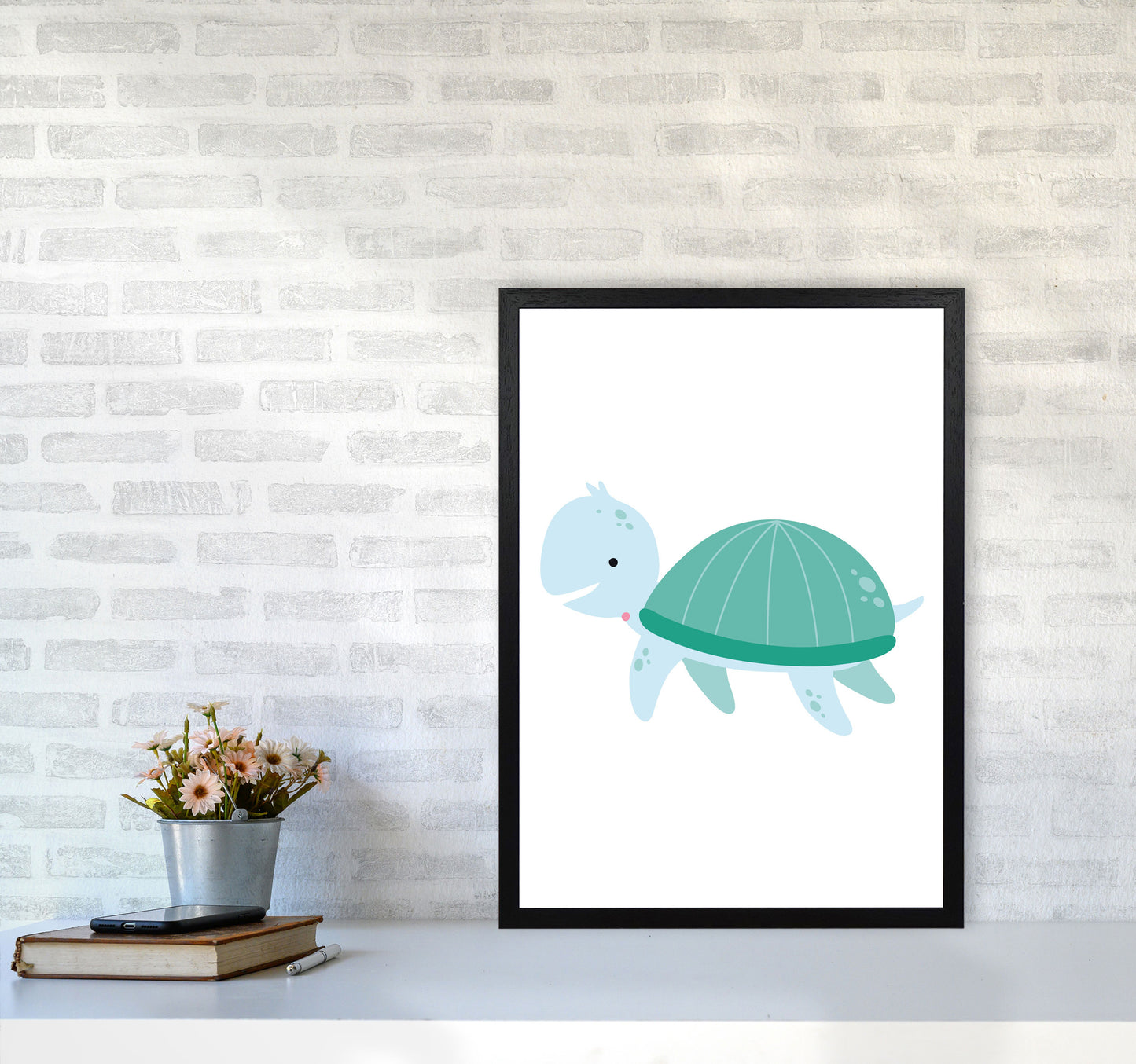 Children's Animals, Turtle Modern Print A2 White Frame