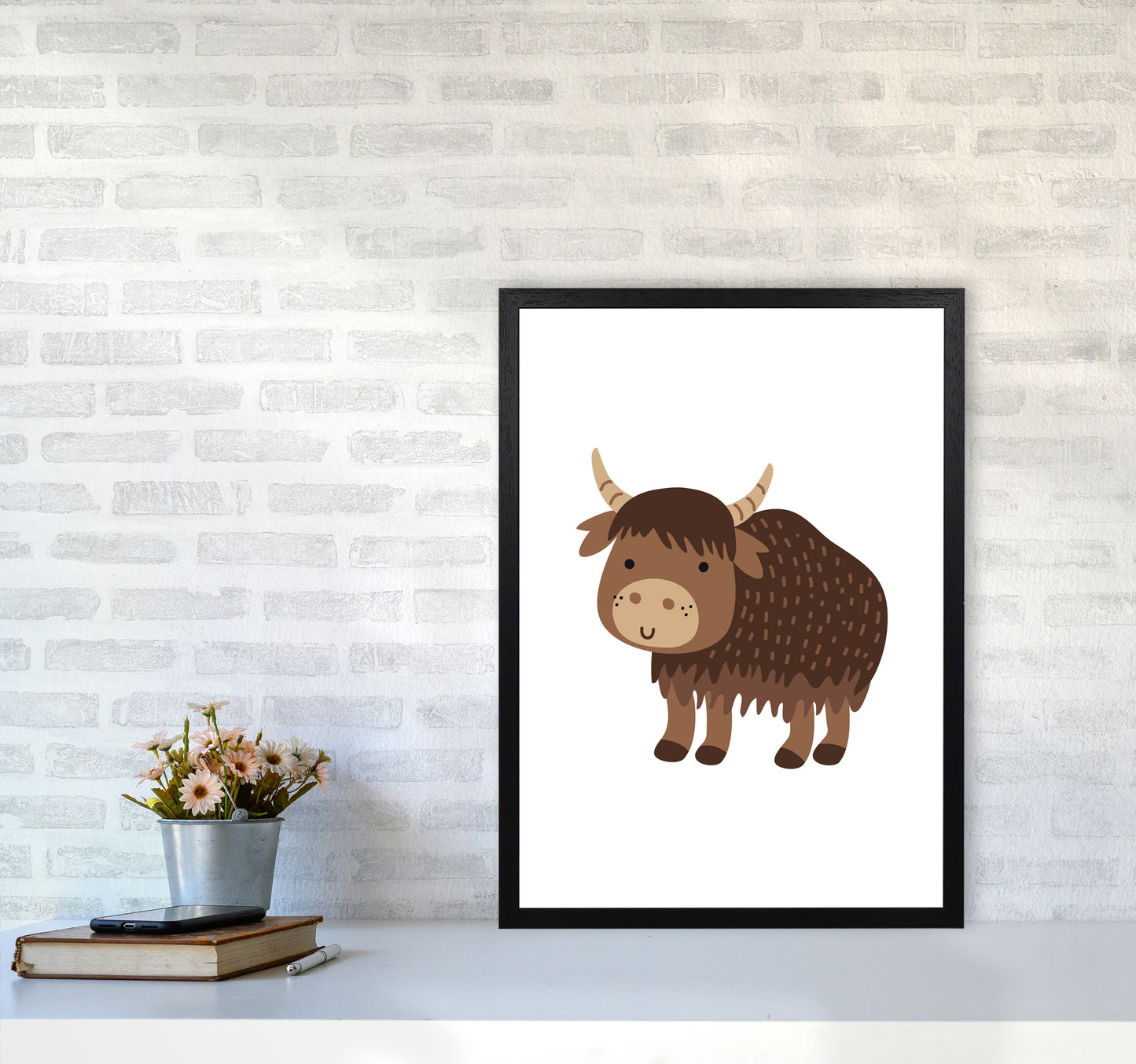 Children's Animals, Yak Modern Print A2 White Frame