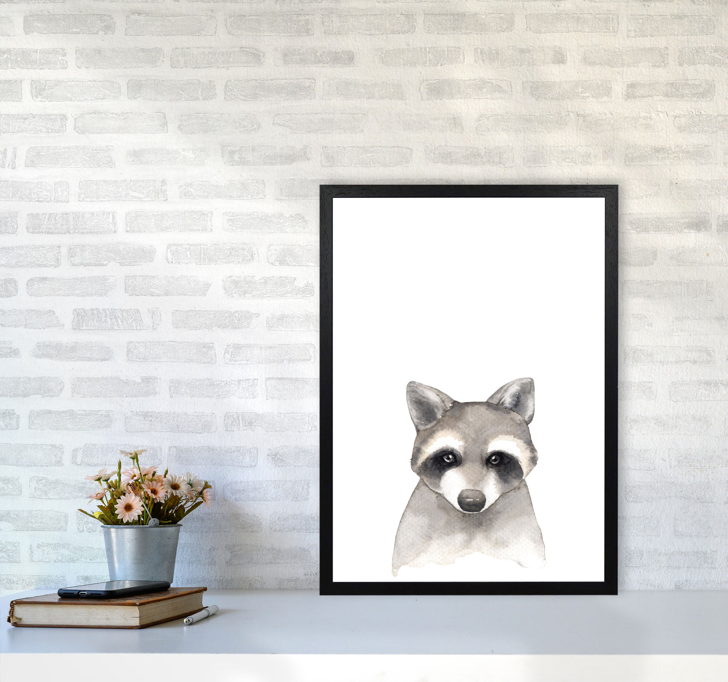 Forest Friends, Cute Raccoon Modern Print Animal Art Print A2 White Frame