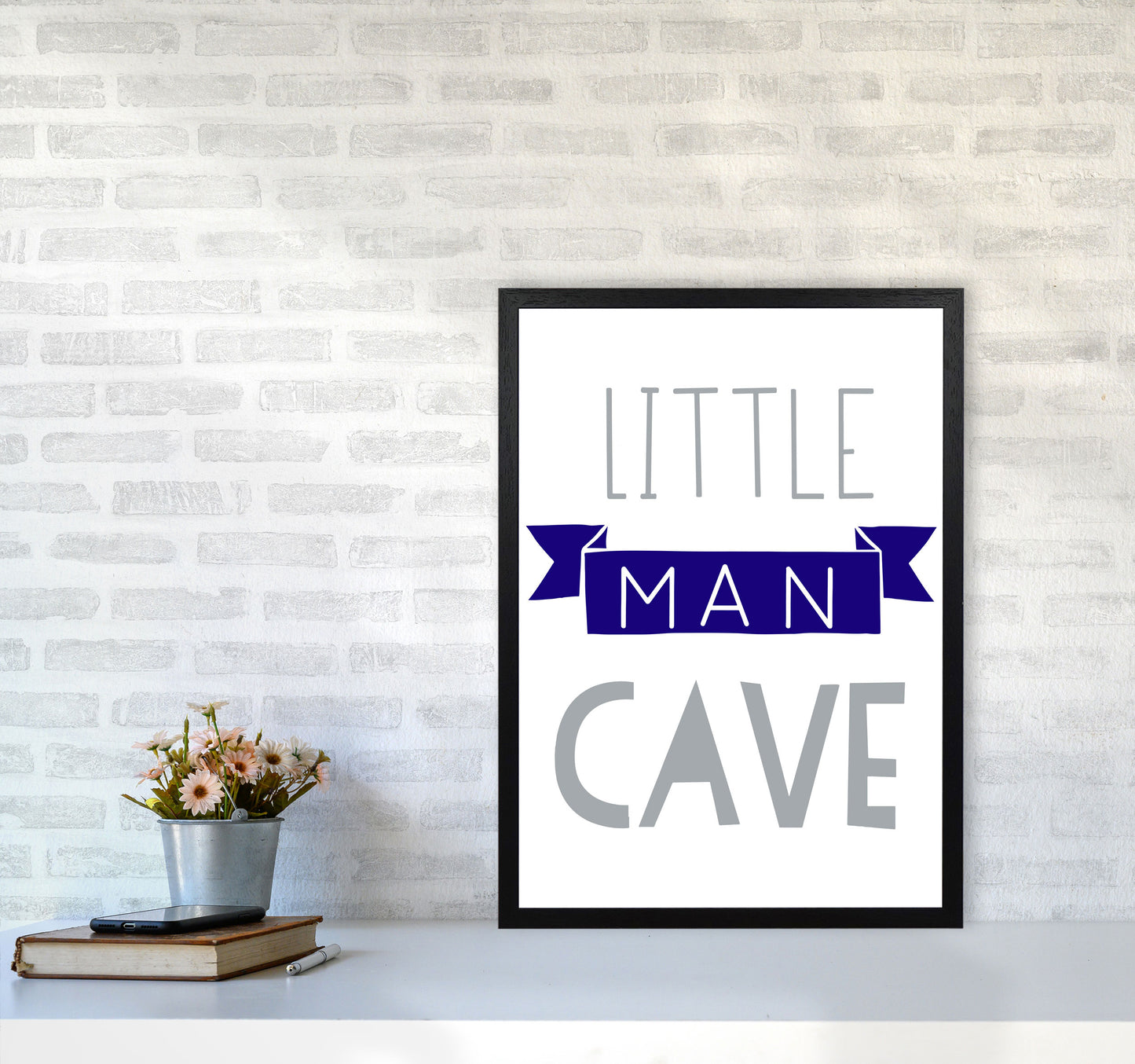 Little Man Cave Navy Banner Framed Nursey Wall Art Print A2 White Frame