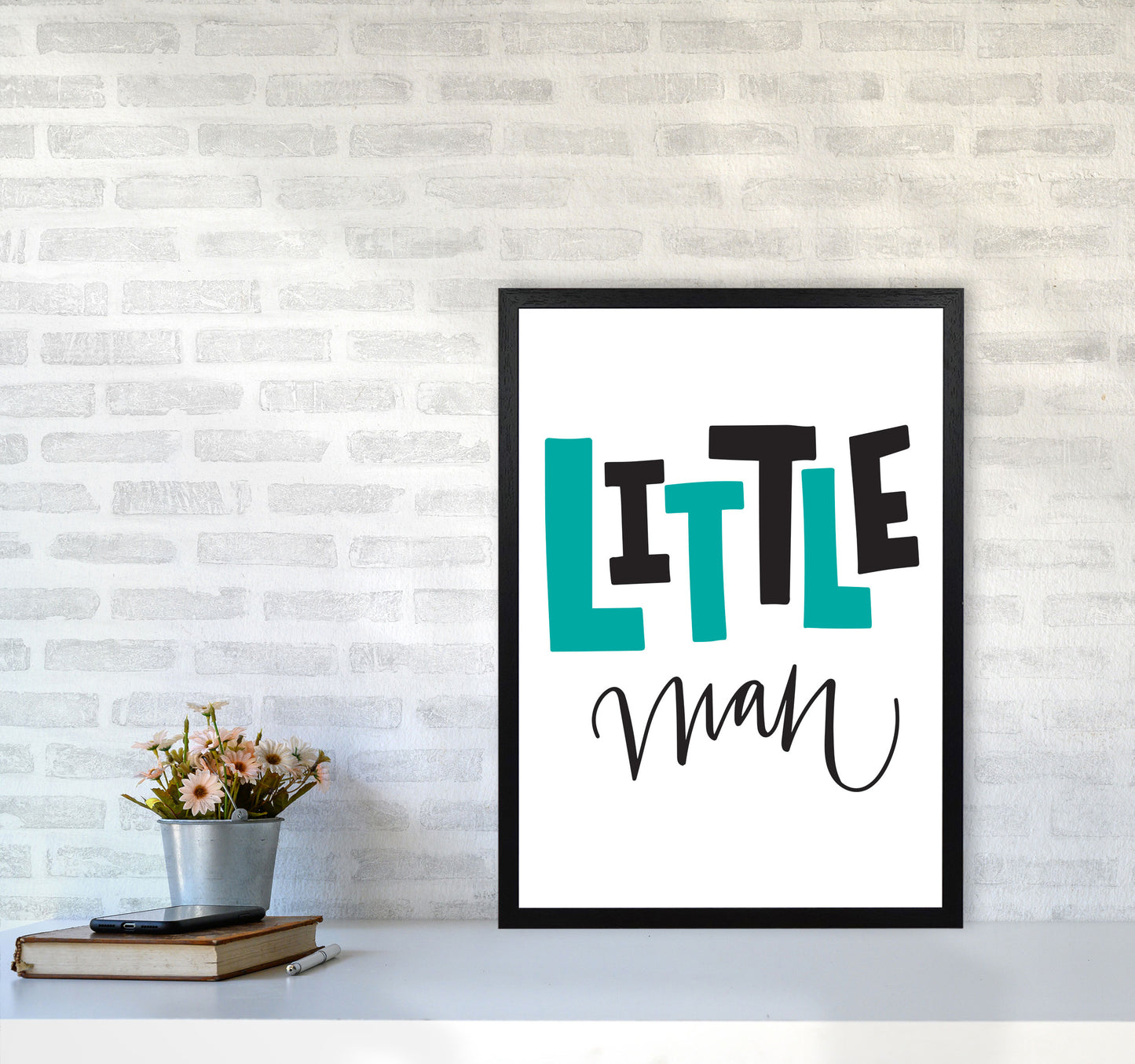 Little Man Teal And Black Framed Nursey Wall Art Print A2 White Frame