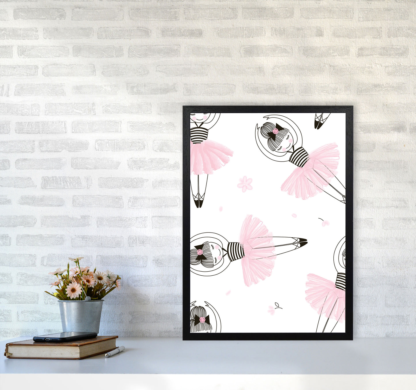 Ballerina Repeat Pattern Framed Nursey Wall Art Print A2 White Frame