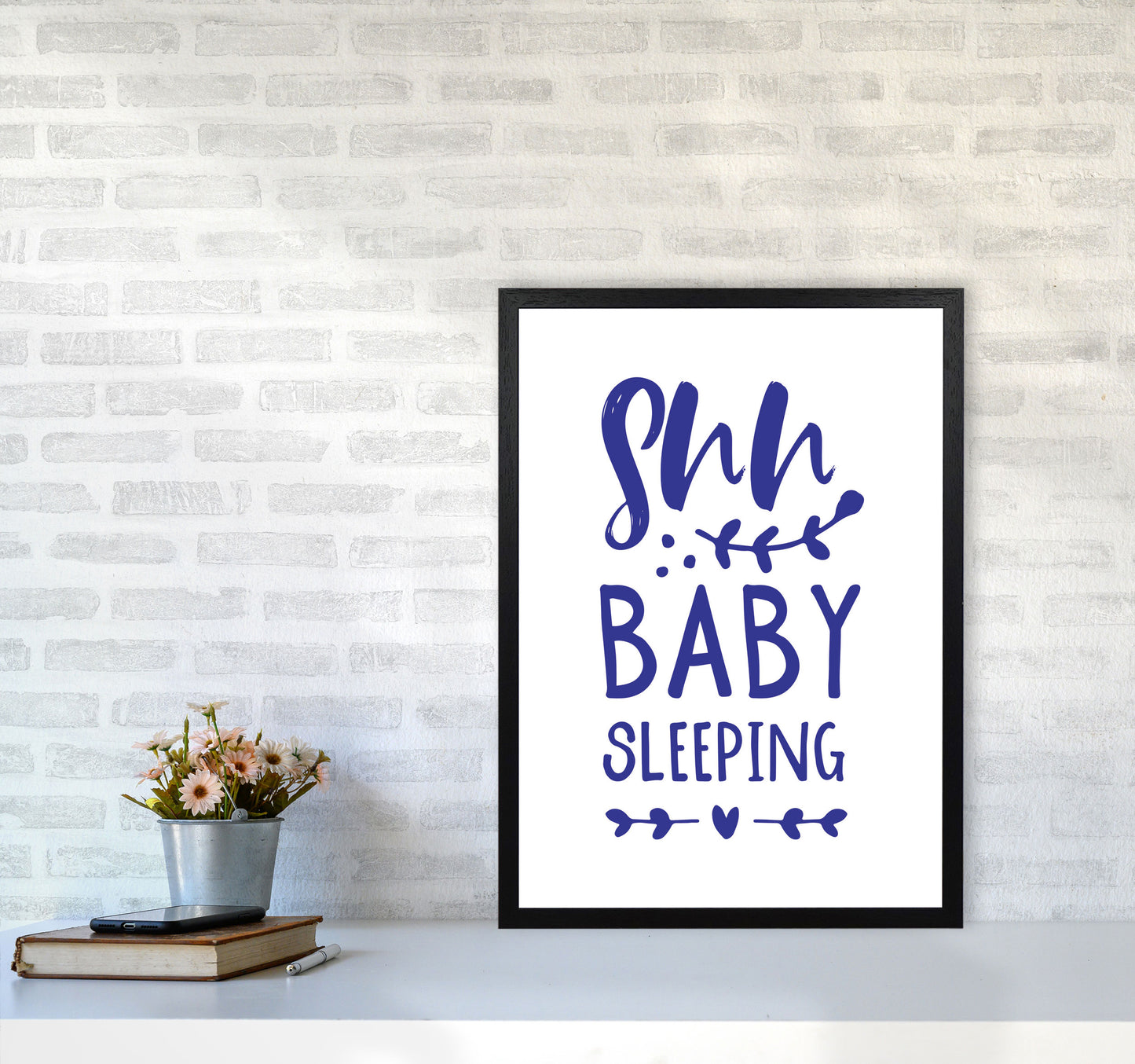 Shh Baby Sleeping Navy Framed Nursey Wall Art Print A2 White Frame