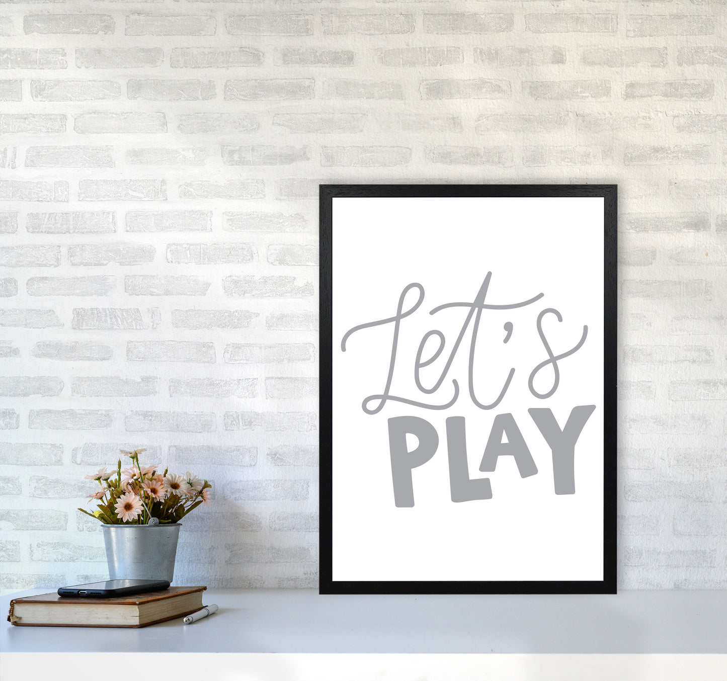 Let's Play Grey Framed Typography Wall Art Print A2 White Frame