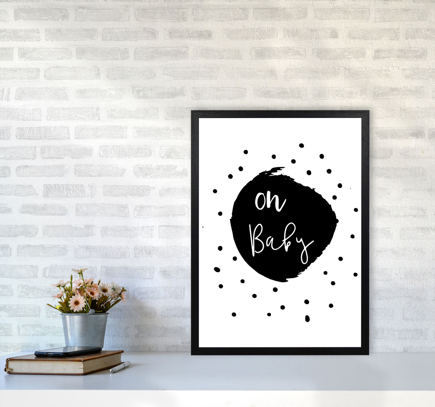 Oh Baby Black Framed Typography Wall Art Print A2 White Frame