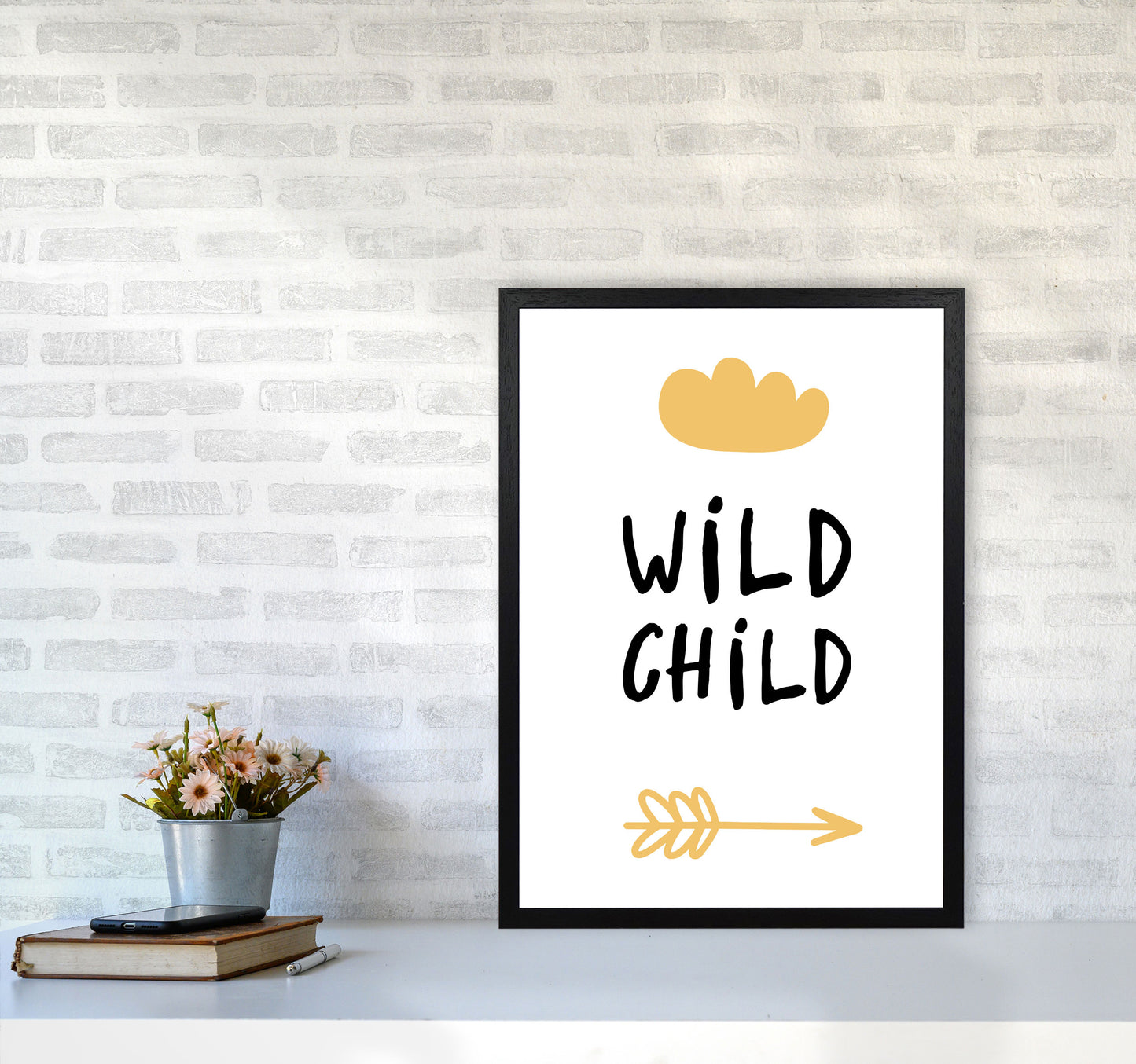 Wild Child Mustard And Black Framed Nursey Wall Art Print A2 White Frame