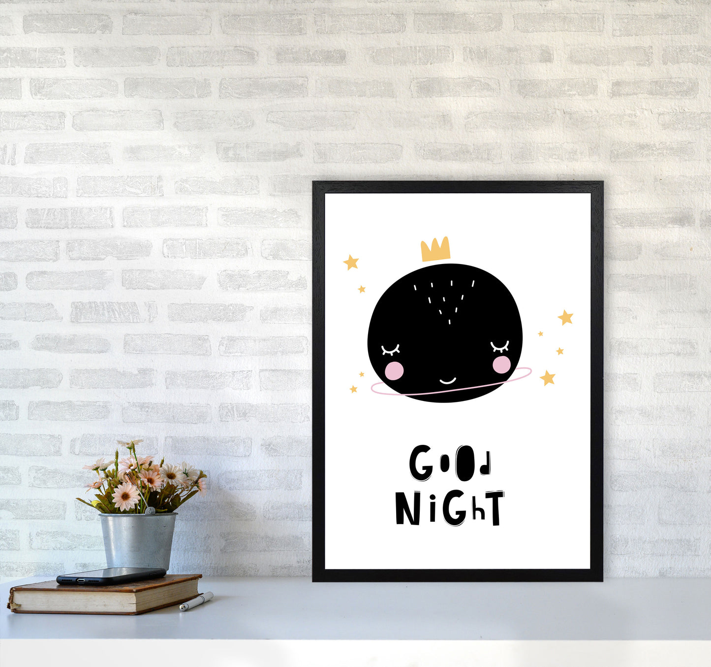Good Night Planet Framed Nursey Wall Art Print A2 White Frame