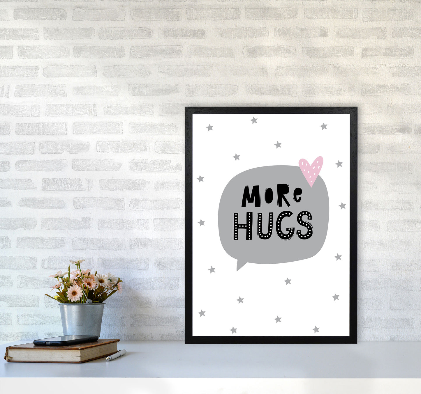 More Hugs Speech Bubble Framed Typography Wall Art Print A2 White Frame