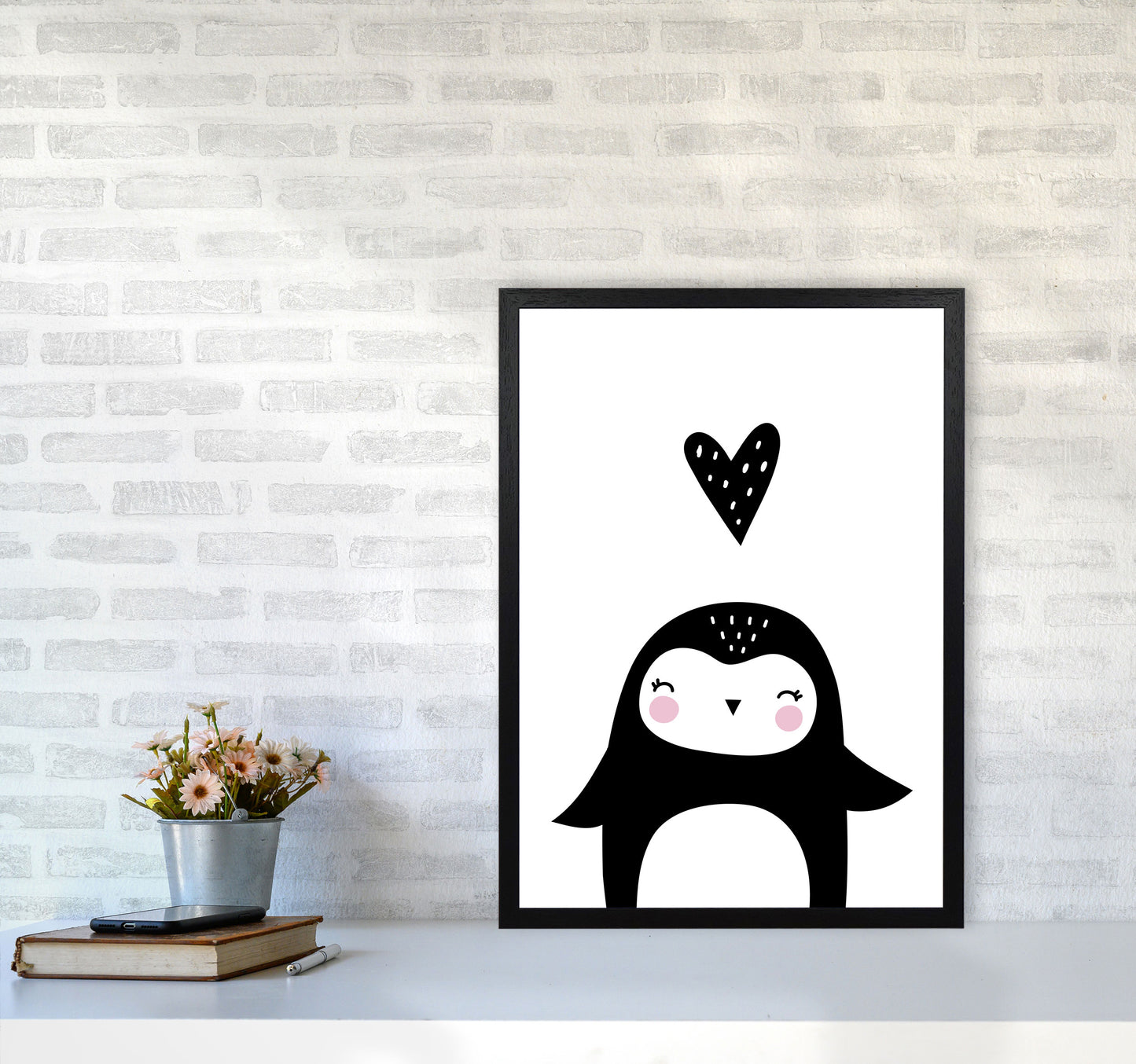 Penguin And Heart Modern Print Animal Art Print A2 White Frame