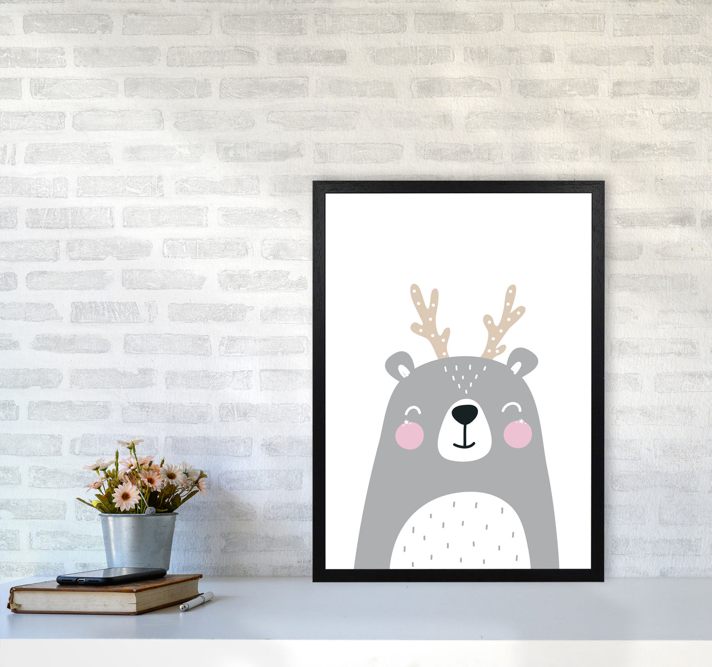 Grey Bear With Antlers Modern Print Animal Art Print A2 White Frame