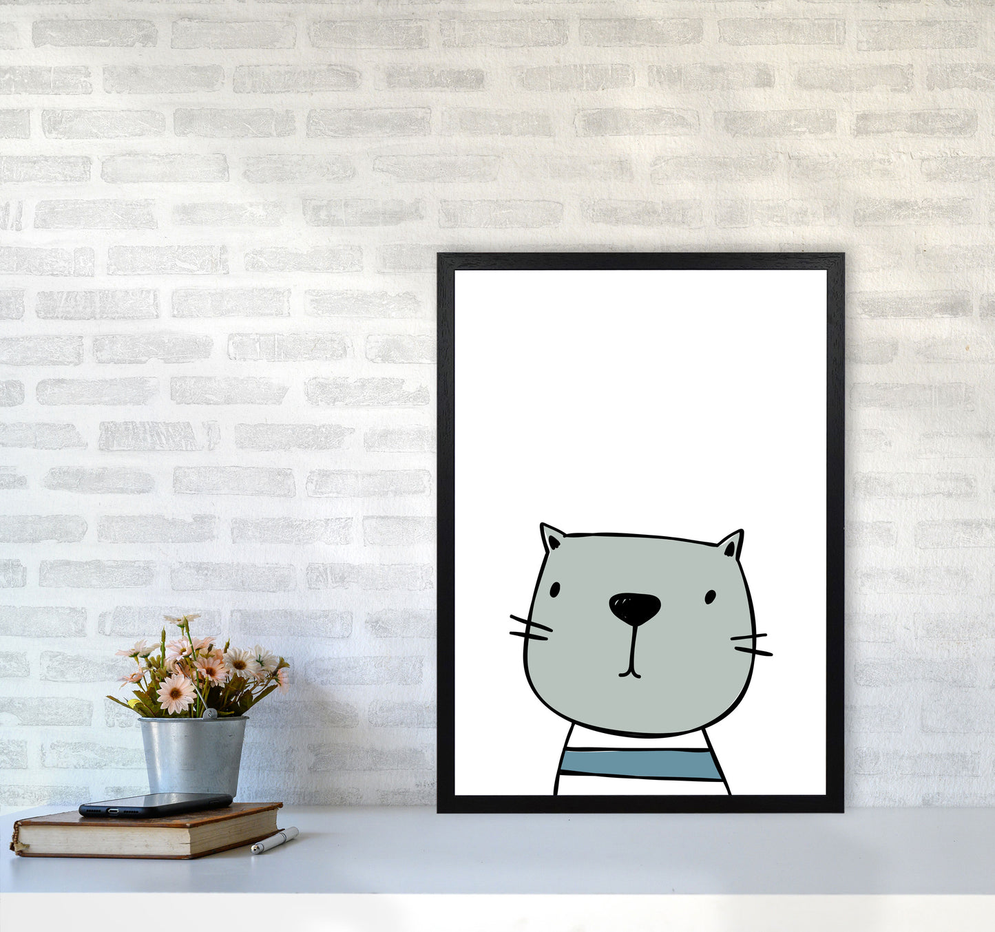 Cat Modern Print Animal Art Print A2 White Frame