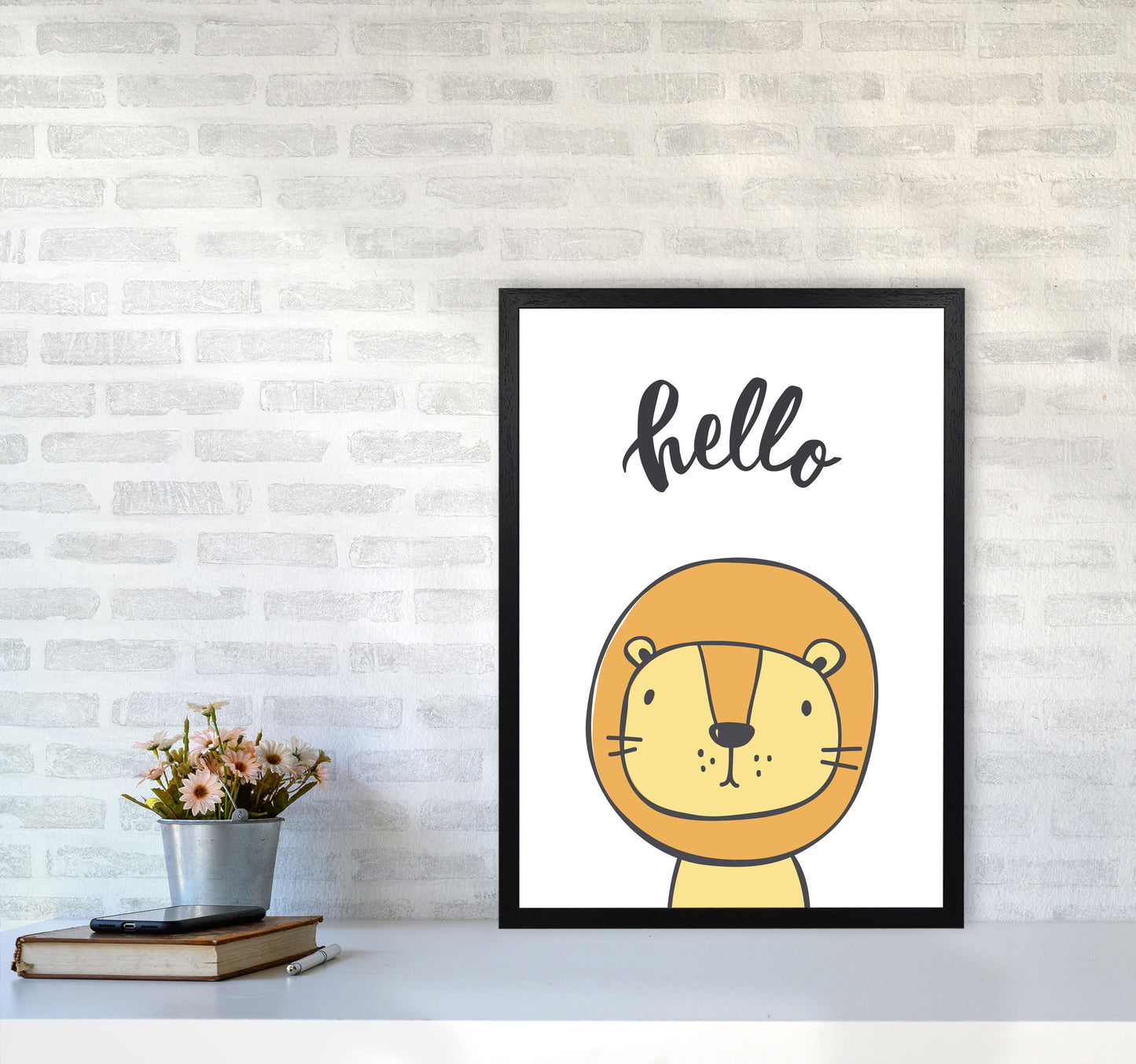 Hello Lion Modern Print Animal Art Print A2 White Frame