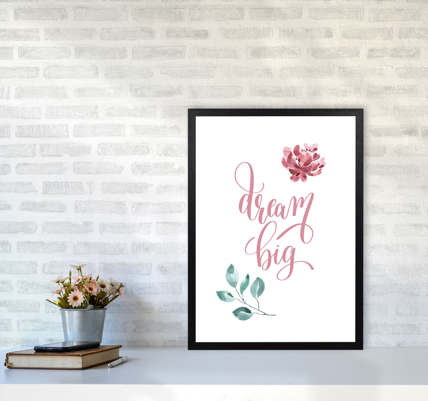 Dream Big Pink Floral Framed Typography Wall Art Print A2 White Frame