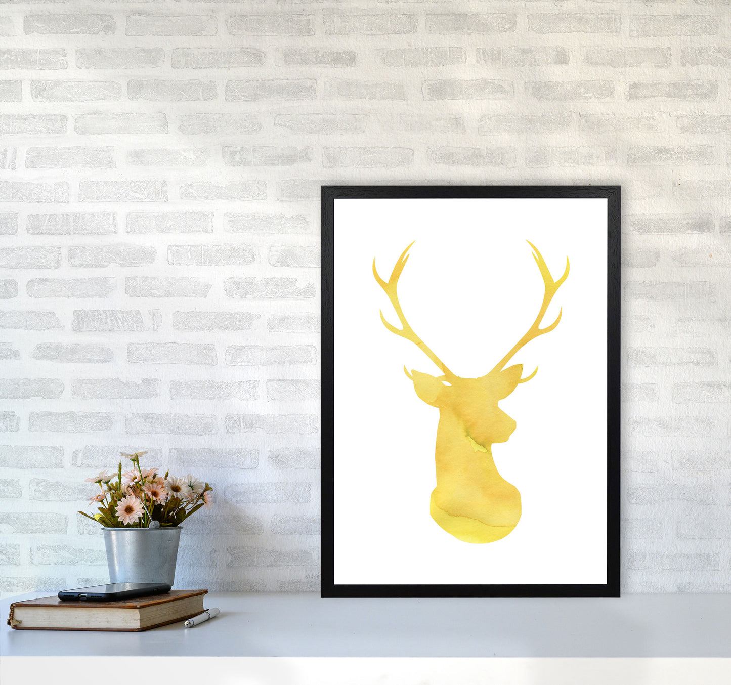 Stags Head Watercolour Modern Print Animal Art Print A2 White Frame