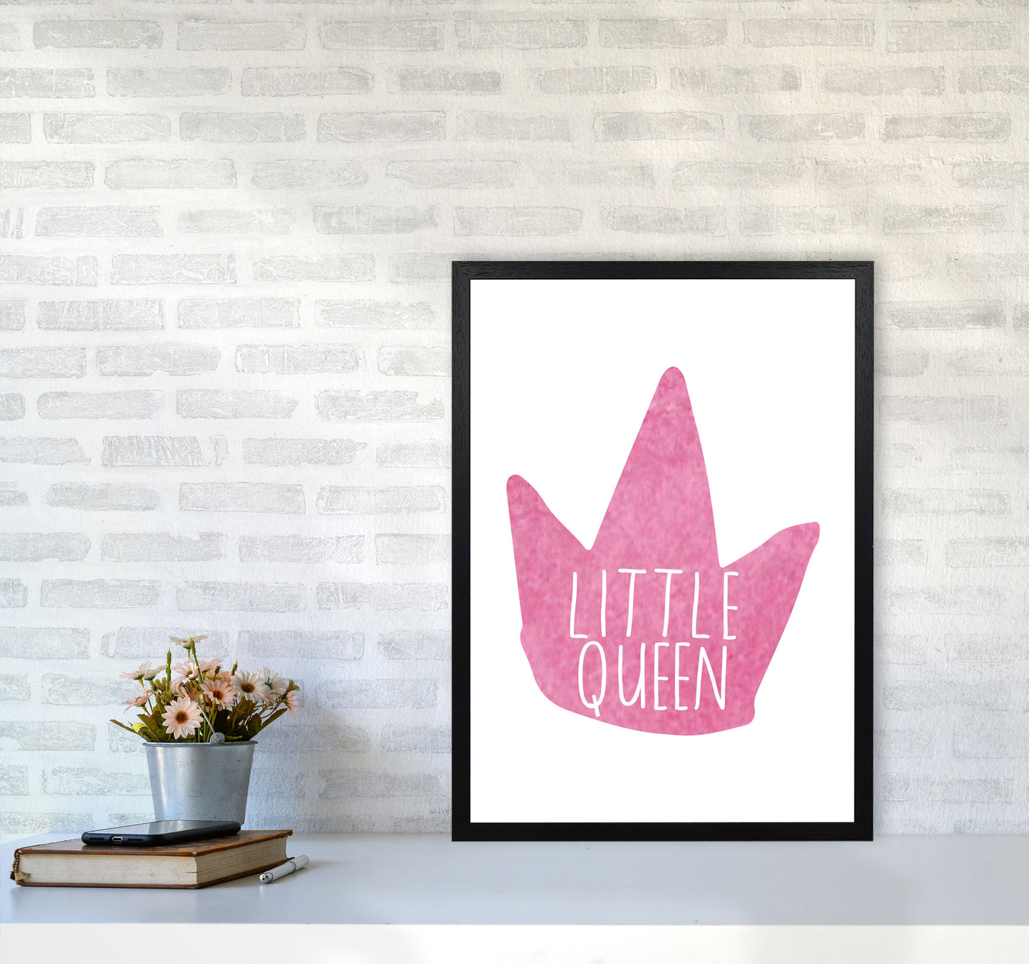 Little Queen Pink Crown Watercolour Modern Print A2 White Frame