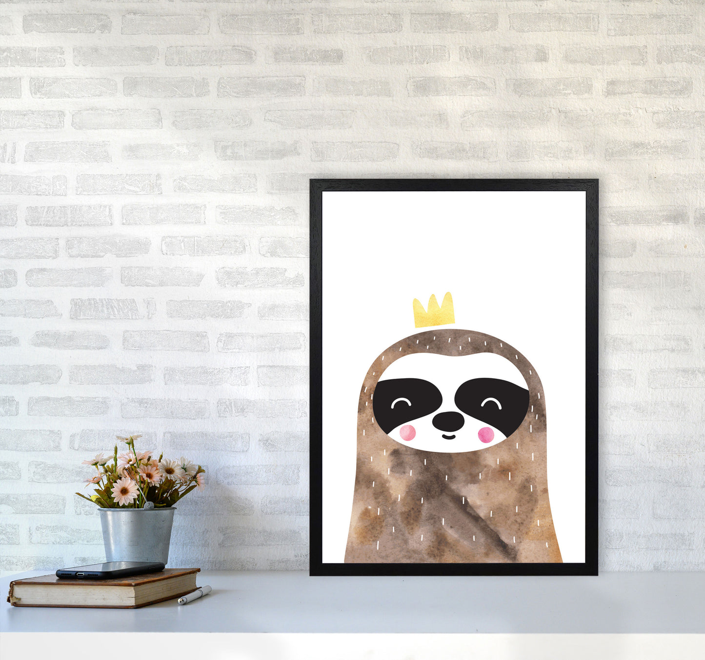 Scandi Brown Sloth Watercolour Framed Nursey Wall Art Print A2 White Frame