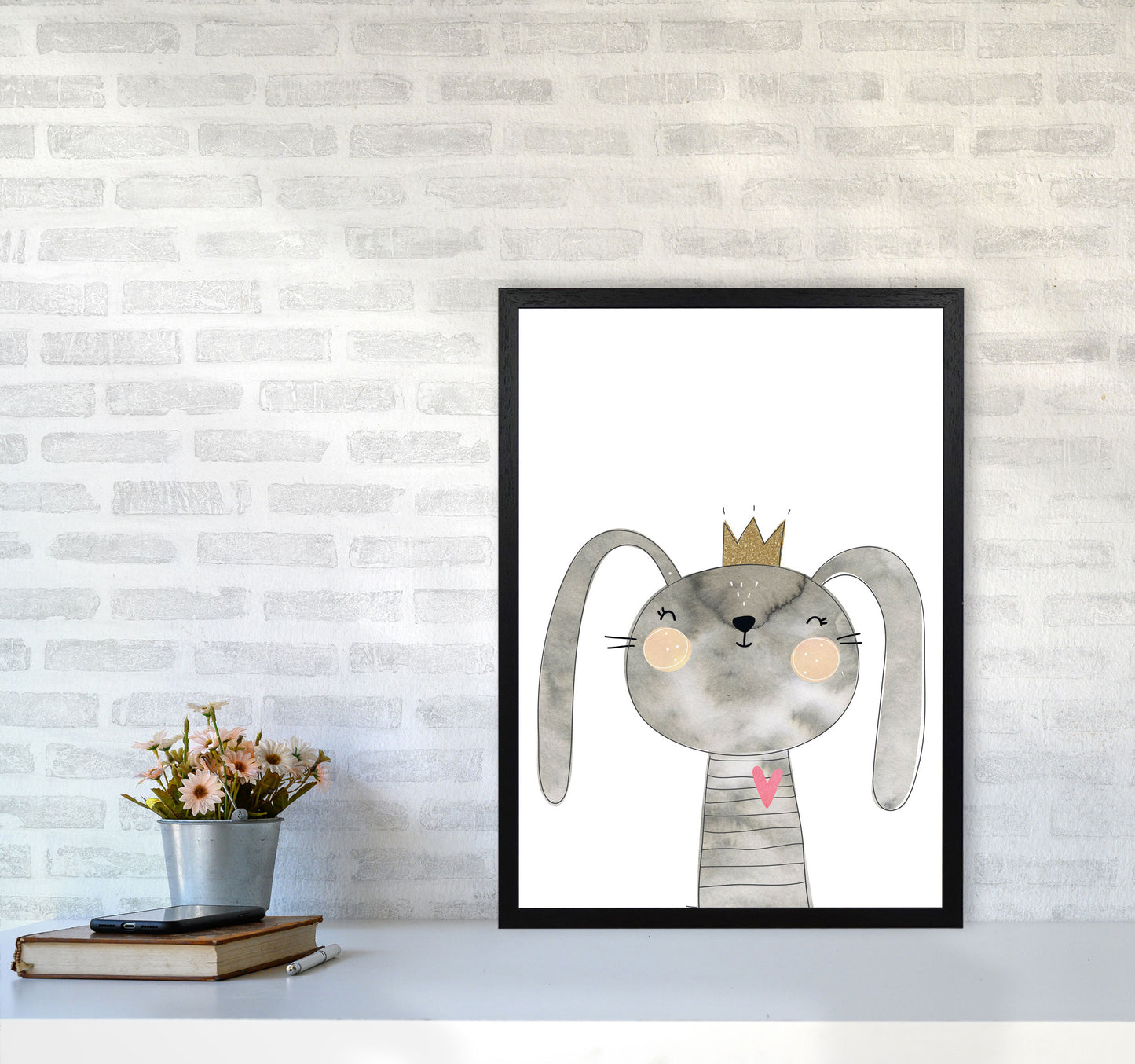 Scandi Grey Bunny Watercolour Framed Nursey Wall Art Print A2 White Frame
