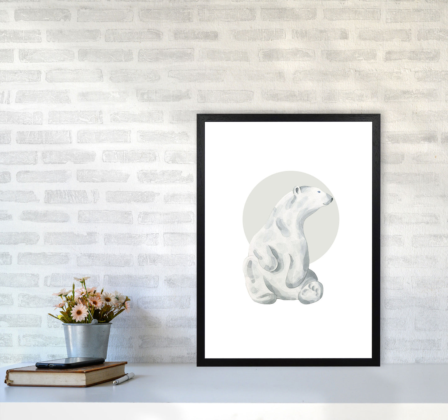 Watercolour Polar Bear With Grey Circle Modern Print, Animal Art Print A2 White Frame