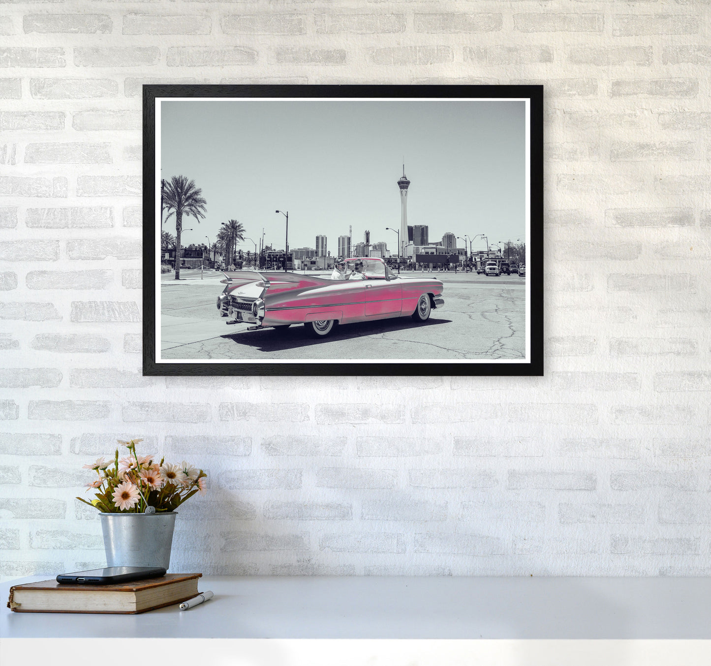 Retro Pink Car Modern Print A2 White Frame
