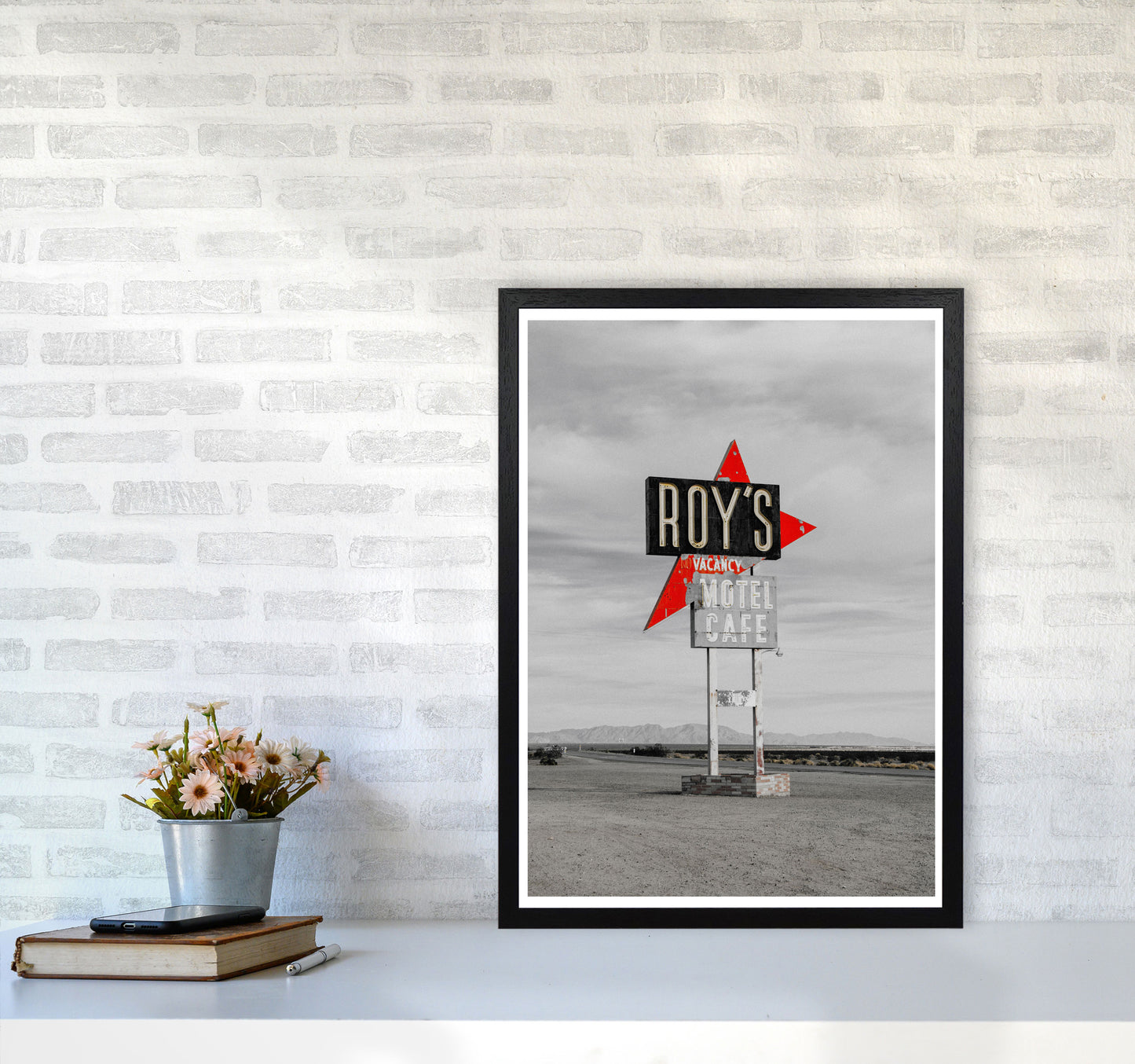 Vintage Roy's Motel Road Sign Modern Print A2 White Frame