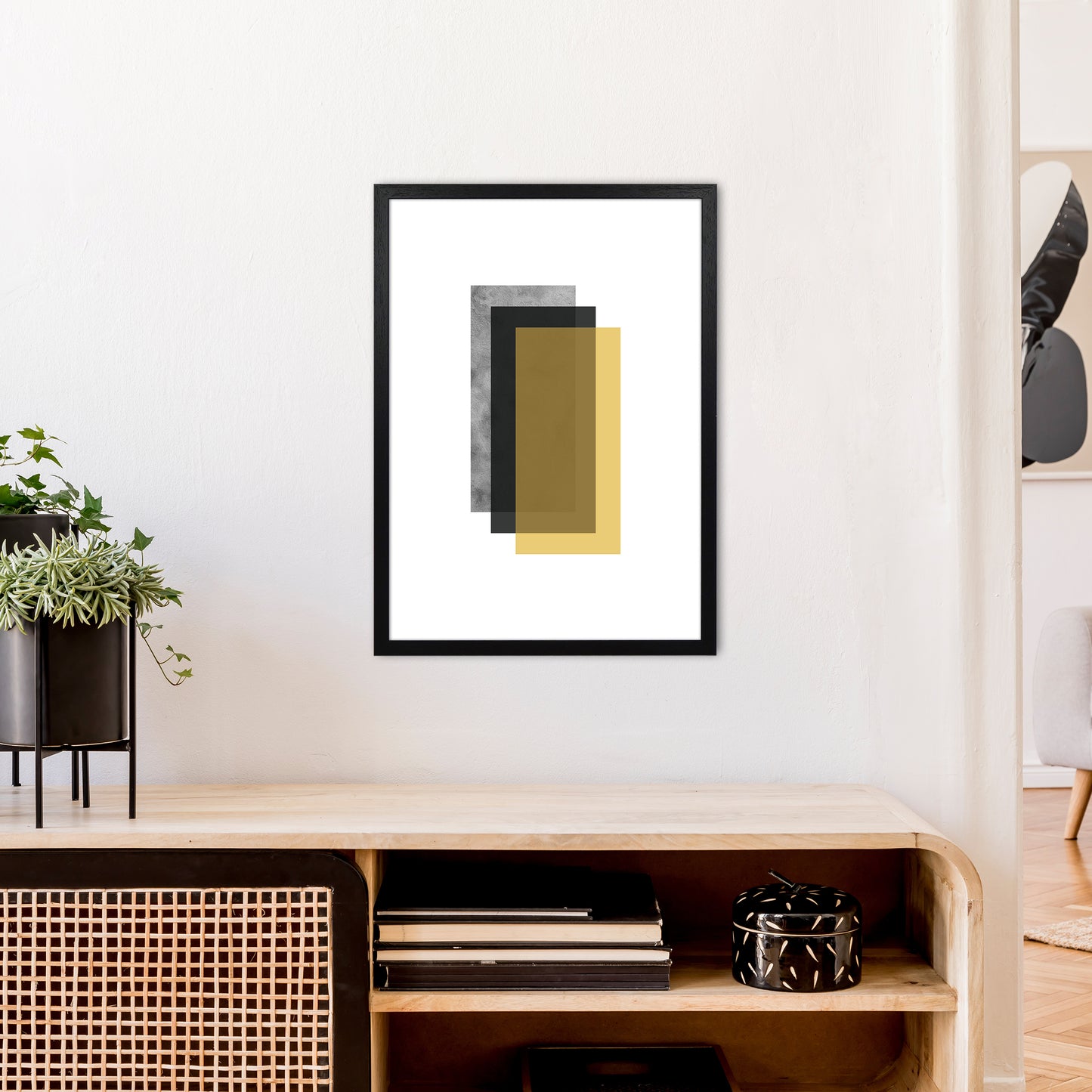 Geometric Mustard And Black Rectangles Art Print by Pixy Paper A2 White Frame