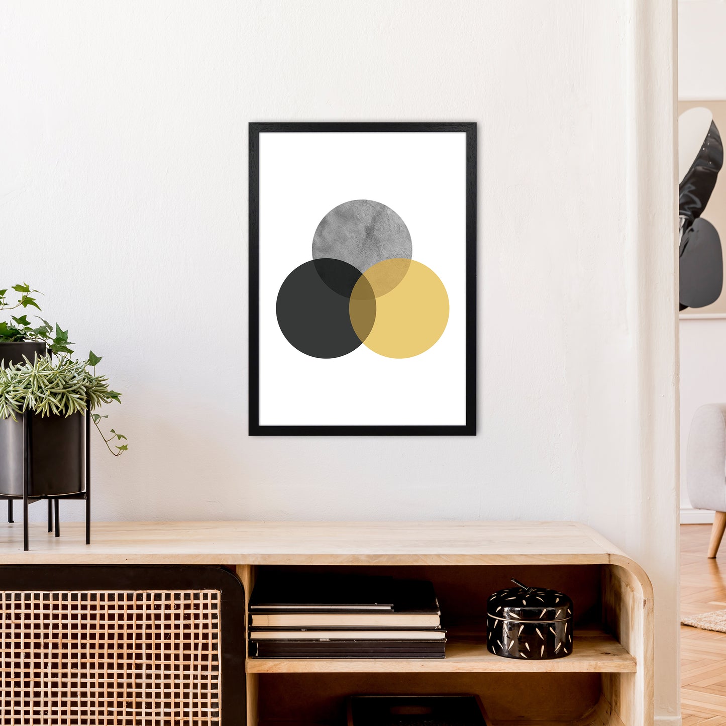 Geometric Mustard And Black Circles Art Print by Pixy Paper A2 White Frame