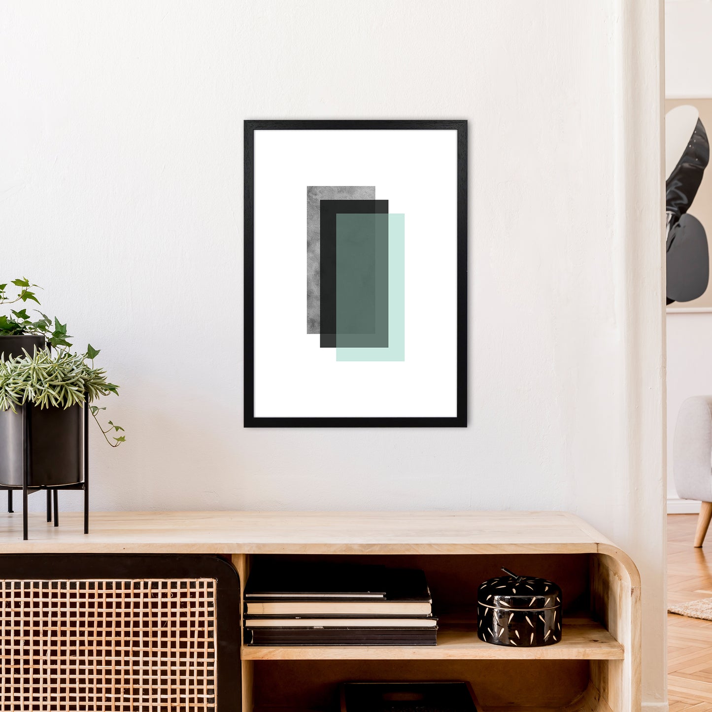 Geometric Mint And Black Rectangles Art Print by Pixy Paper A2 White Frame