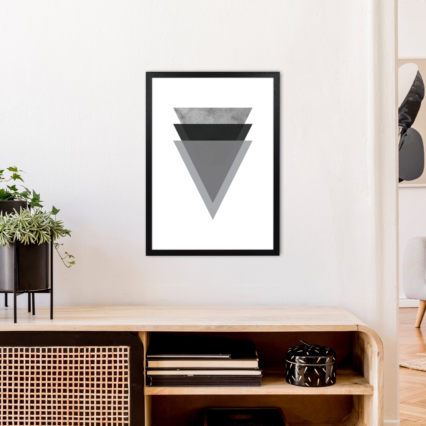 Geometric Grey And Black Triangles Art Print by Pixy Paper A2 White Frame