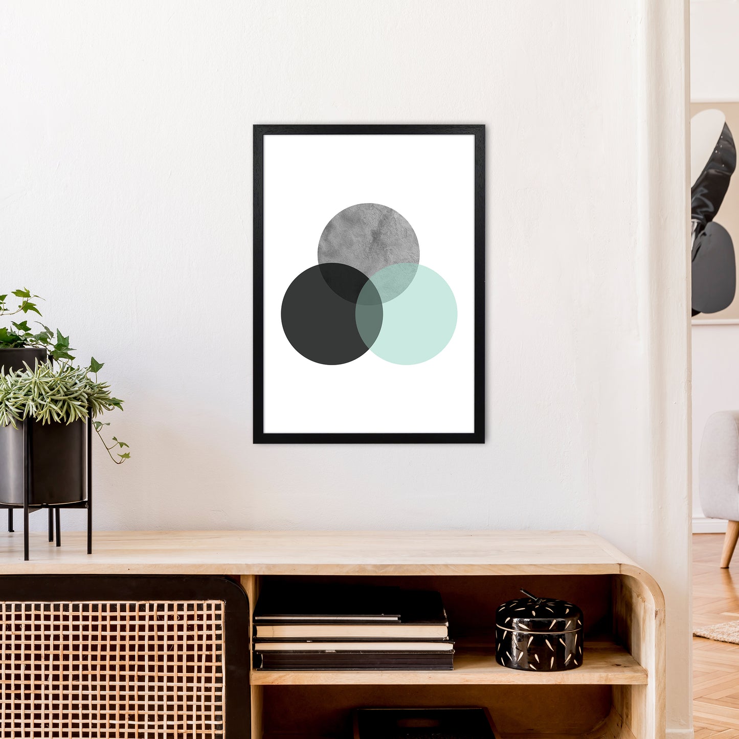 Geometric Mint And Black Circles Art Print by Pixy Paper A2 White Frame