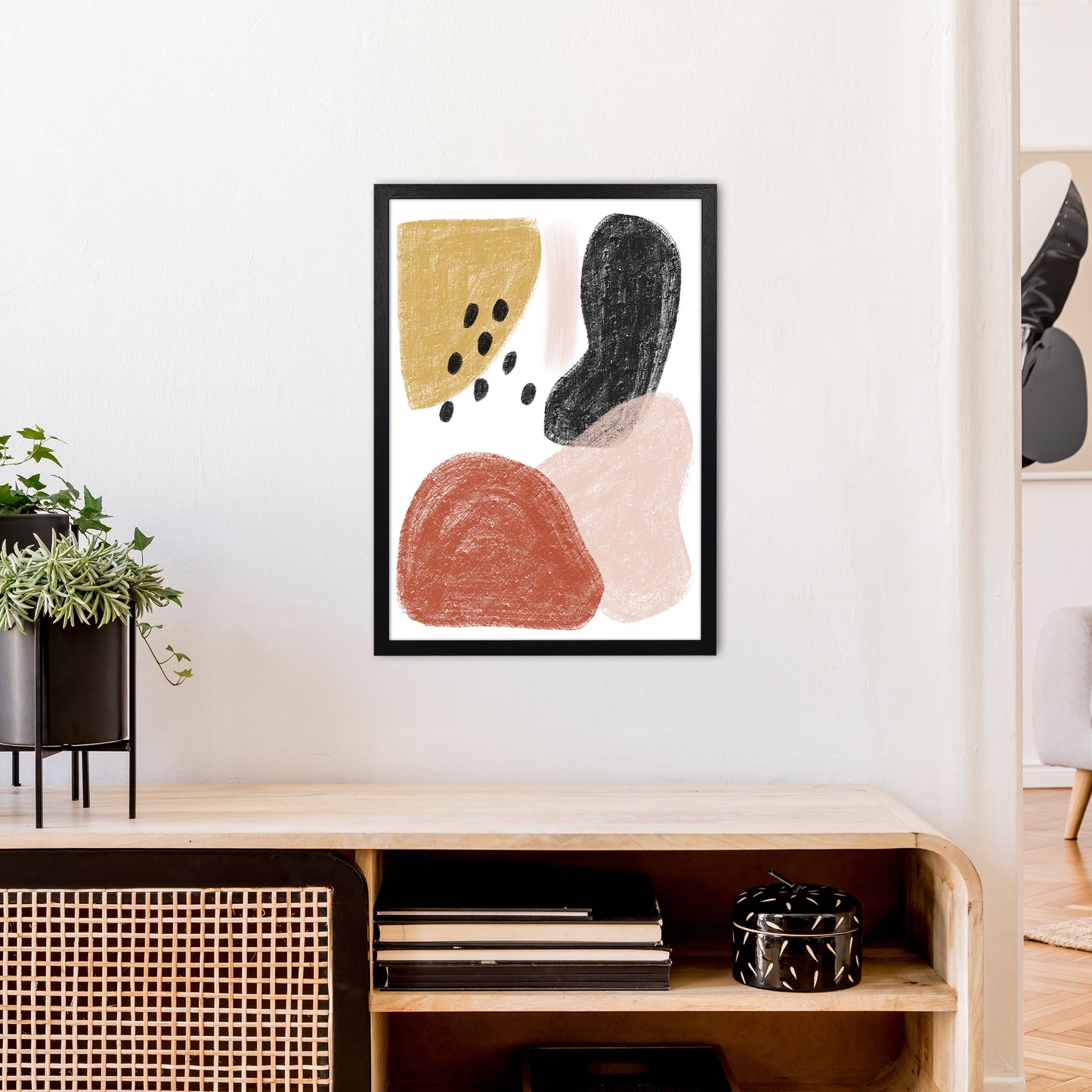 Dalia Chalk Black Polka Shapes Art Print by Pixy Paper A2 White Frame