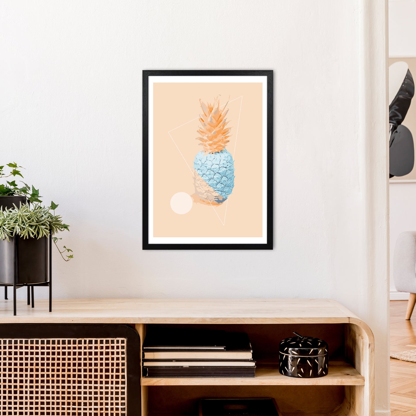 Pineapple In Blue With Peach Art Print by Pixy Paper A2 White Frame