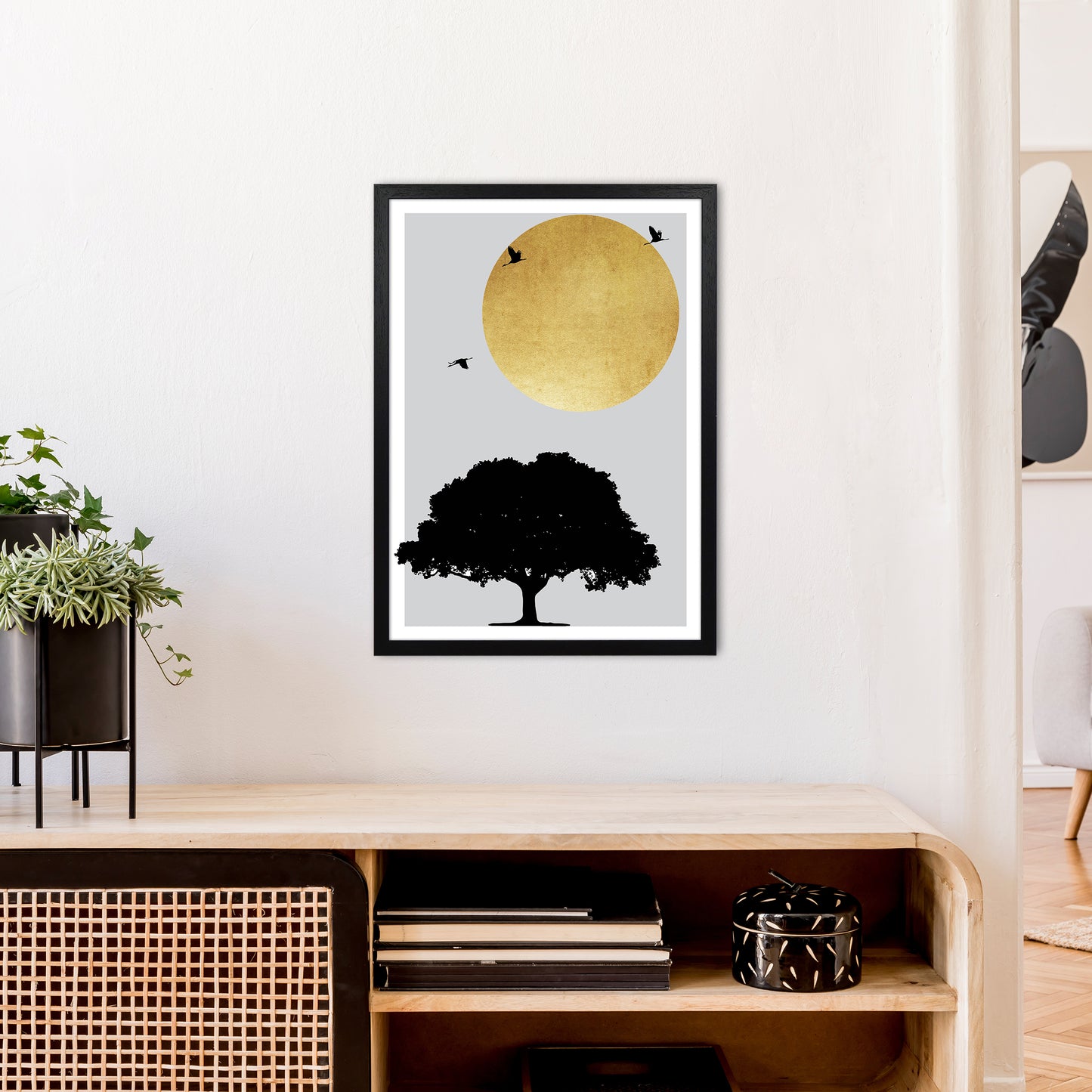 Gold Sun And Tree Abstract Art Print by Pixy Paper A2 White Frame