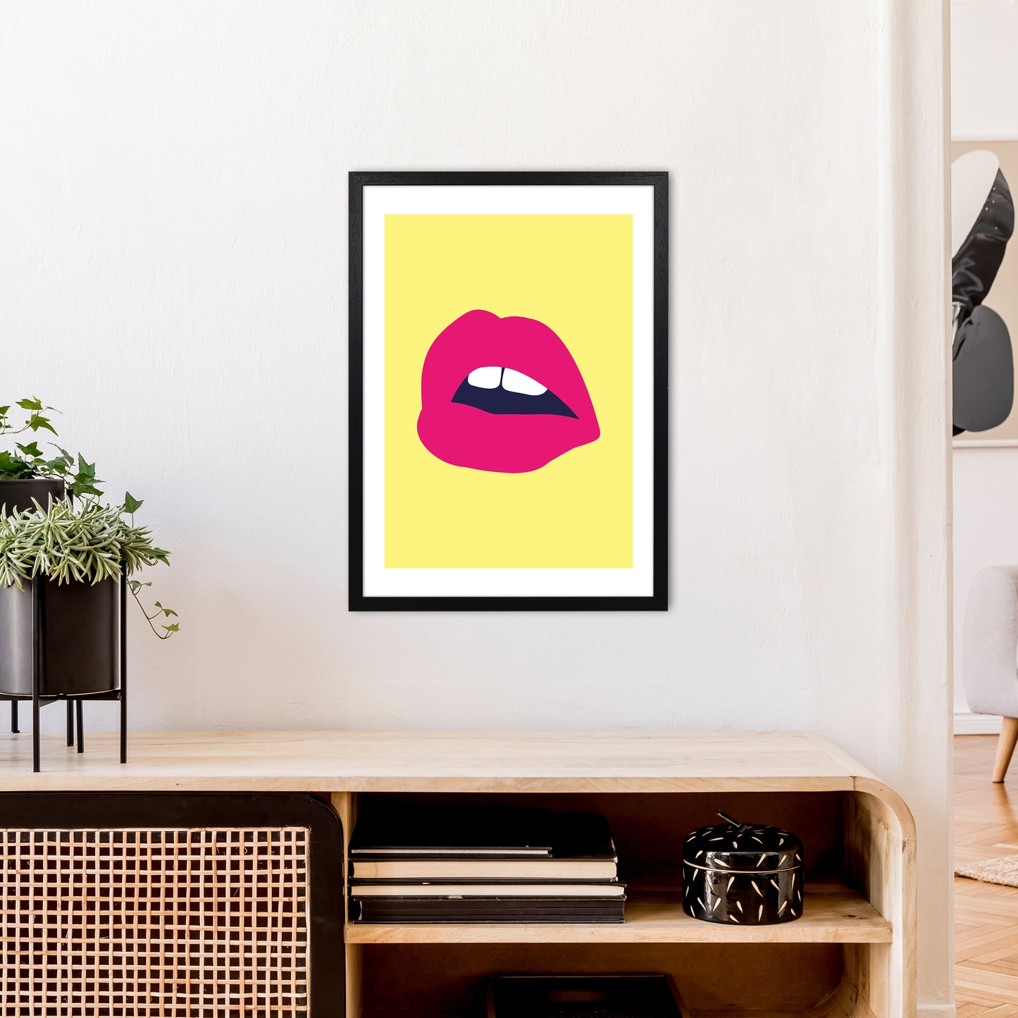 Pink Lips Yellow Back Art Print by Pixy Paper A2 White Frame