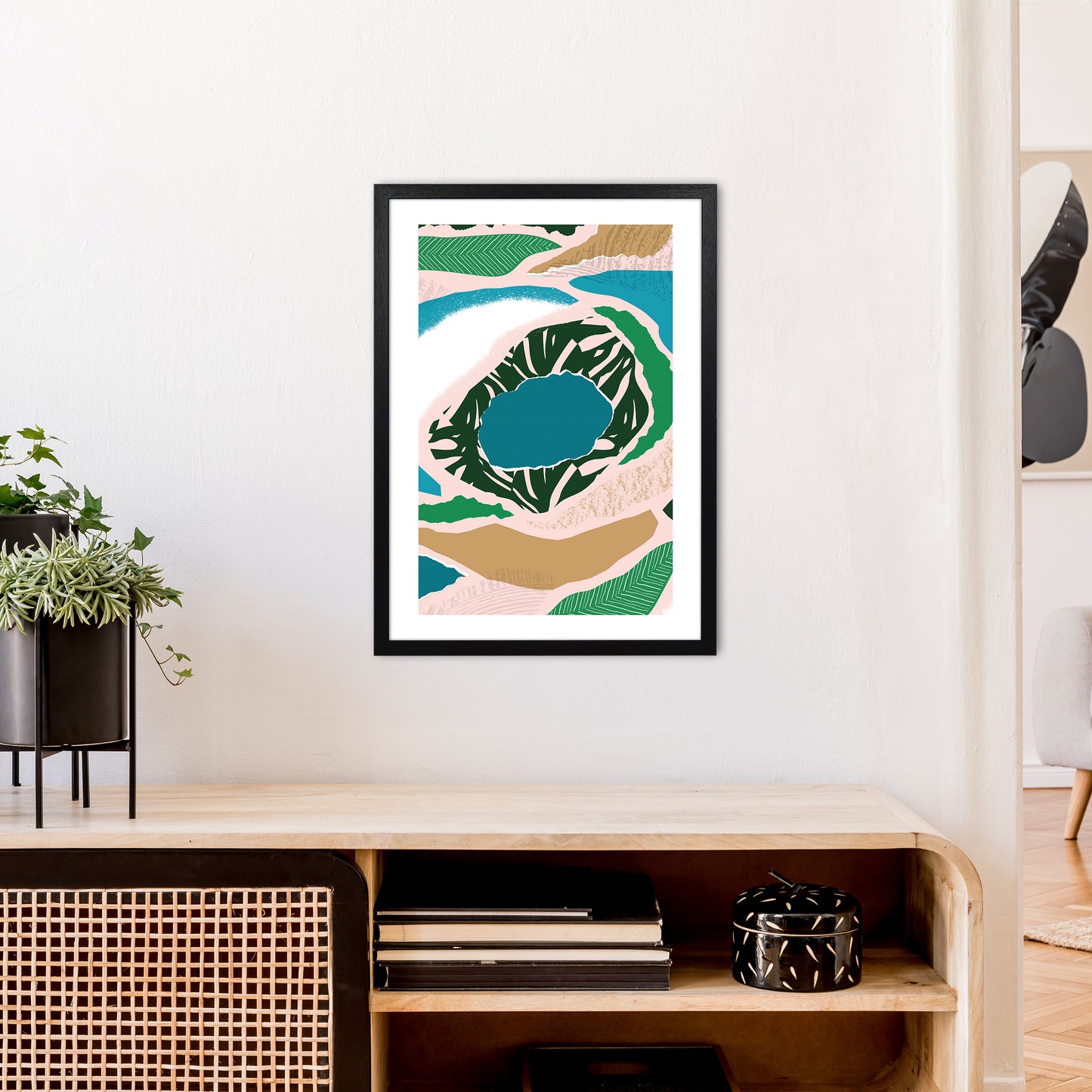Blue Lake Jungle Abstract Art Print by Pixy Paper A2 White Frame