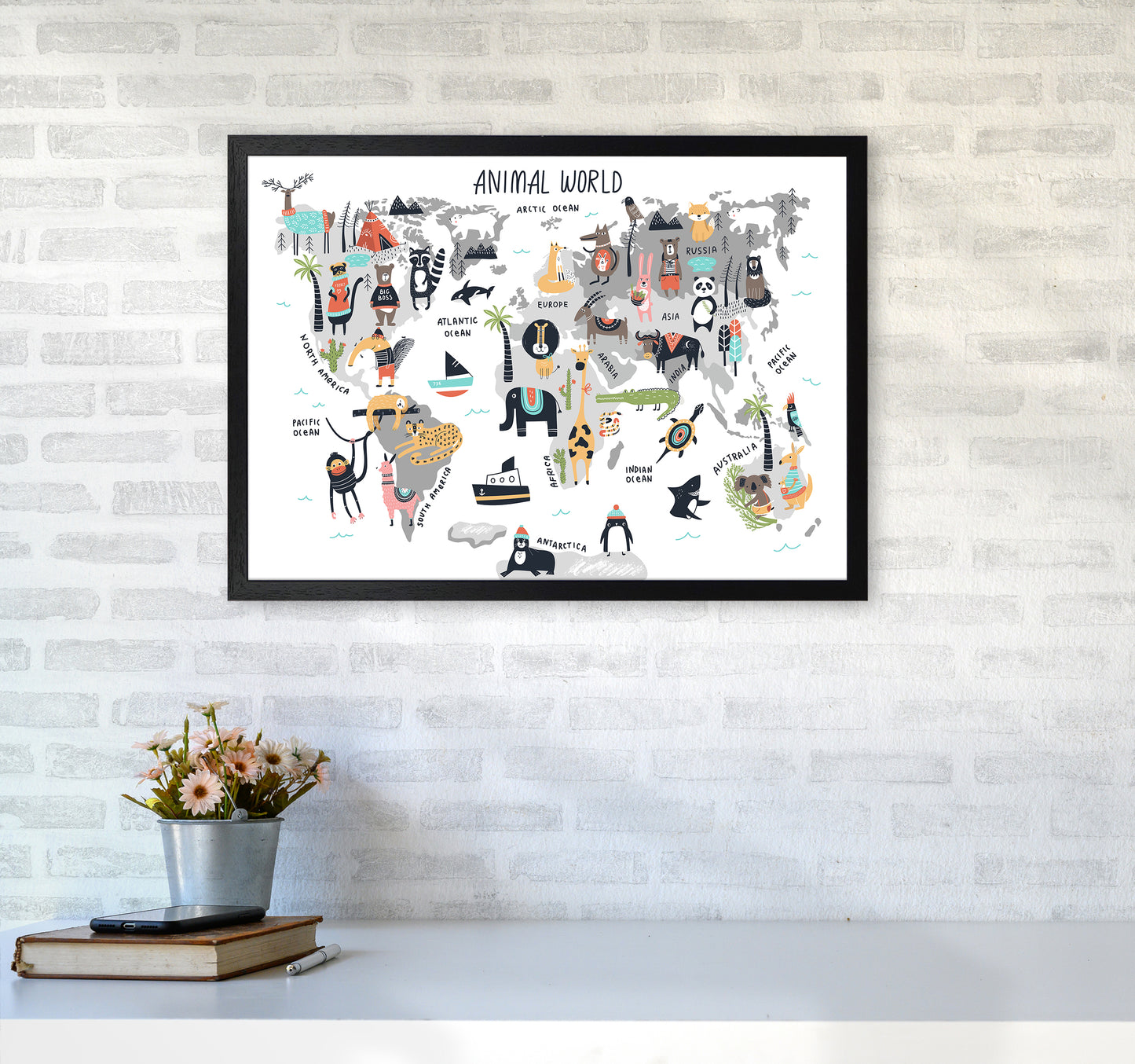 Animal World Map Art Print by Pixy Paper A2 White Frame