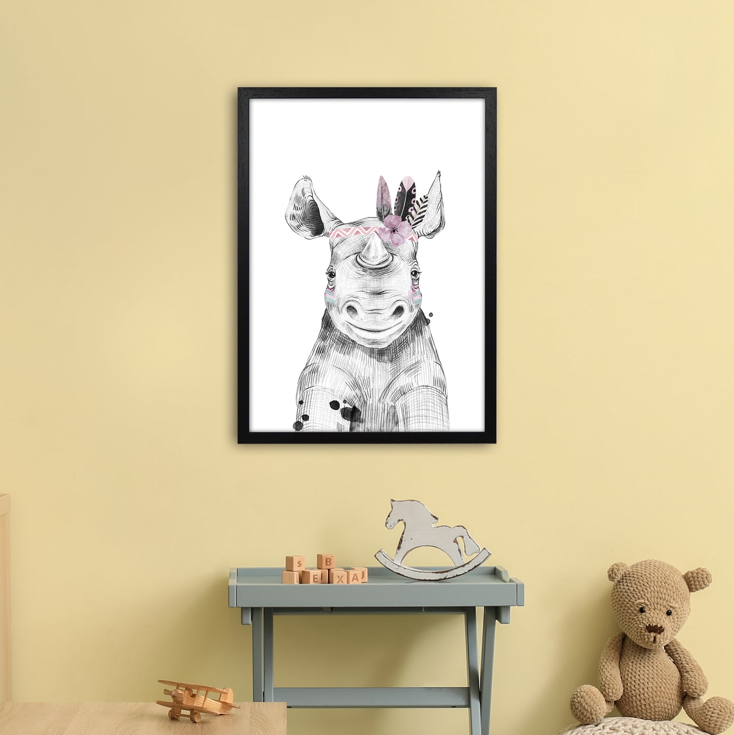 Safari Babies Rhino With Head Feathers Art Print by Pixy Paper A2 White Frame
