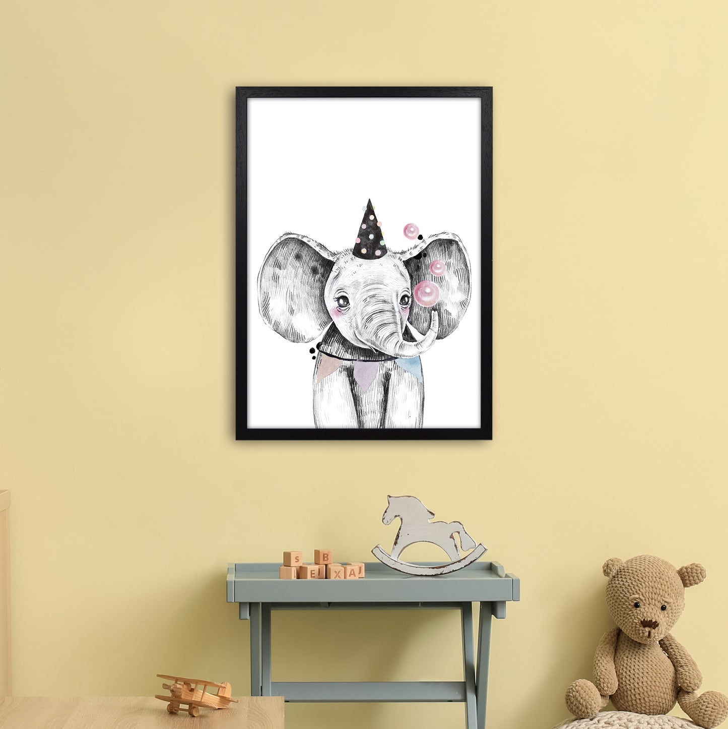Safari Babies Elephant With Party Hat Art Print by Pixy Paper A2 White Frame