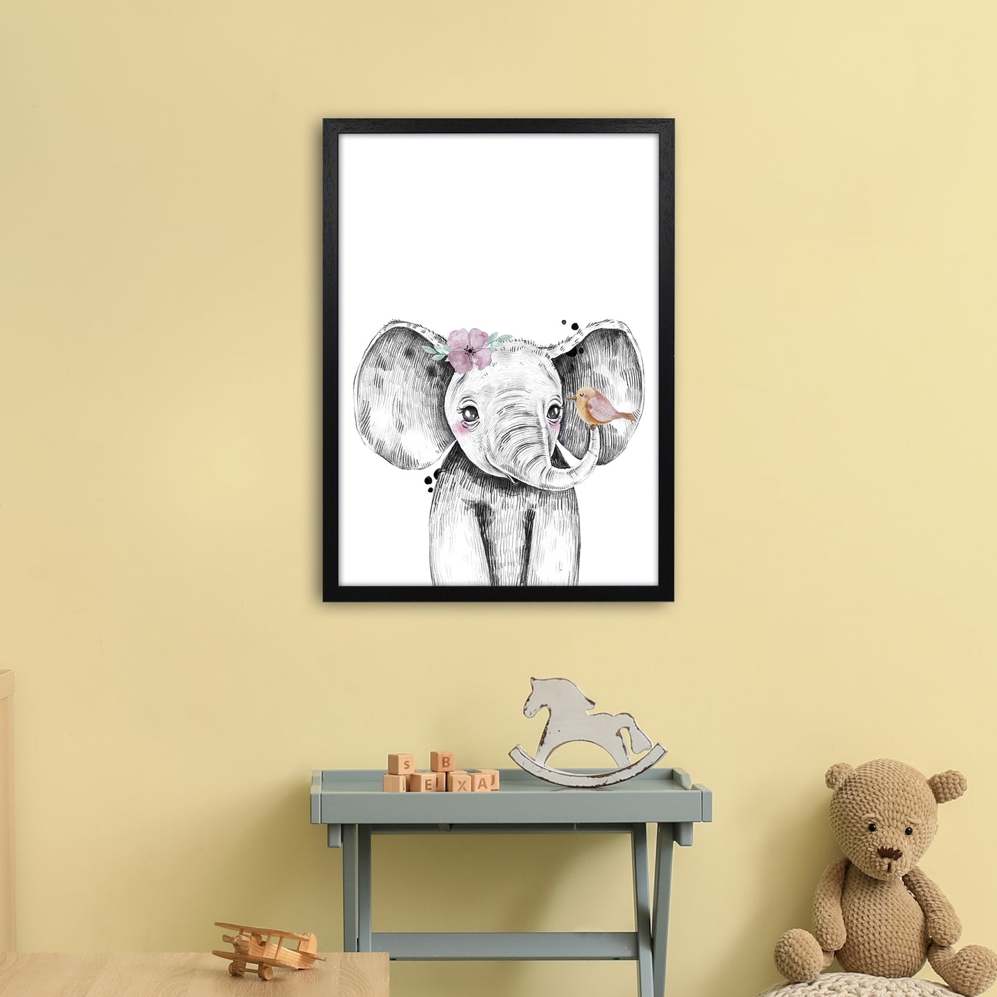 Safari Babies Elephant With Flower Art Print by Pixy Paper A2 White Frame