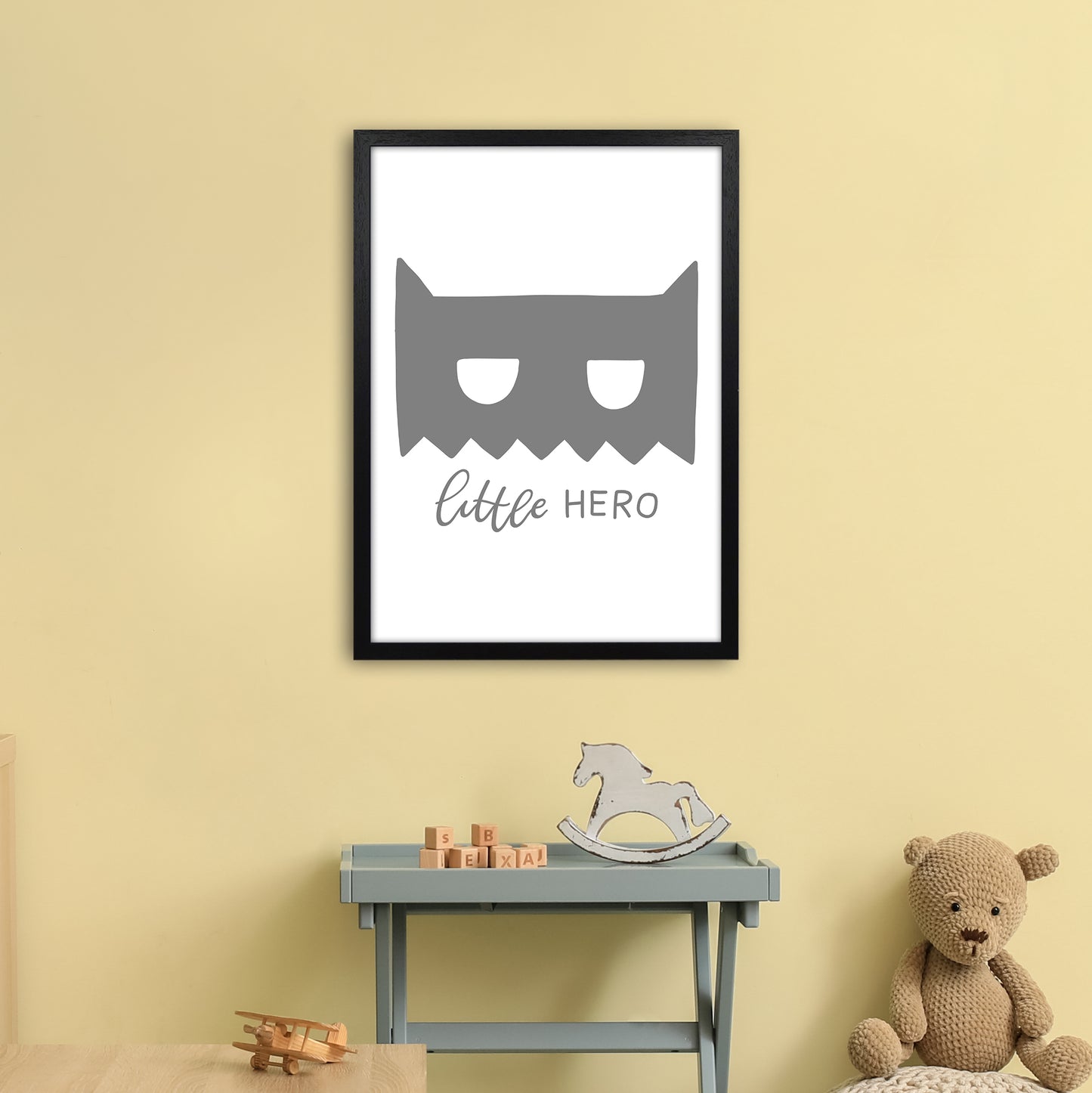 Little Hero Mask Super Scandi Grey Art Print by Pixy Paper A2 White Frame