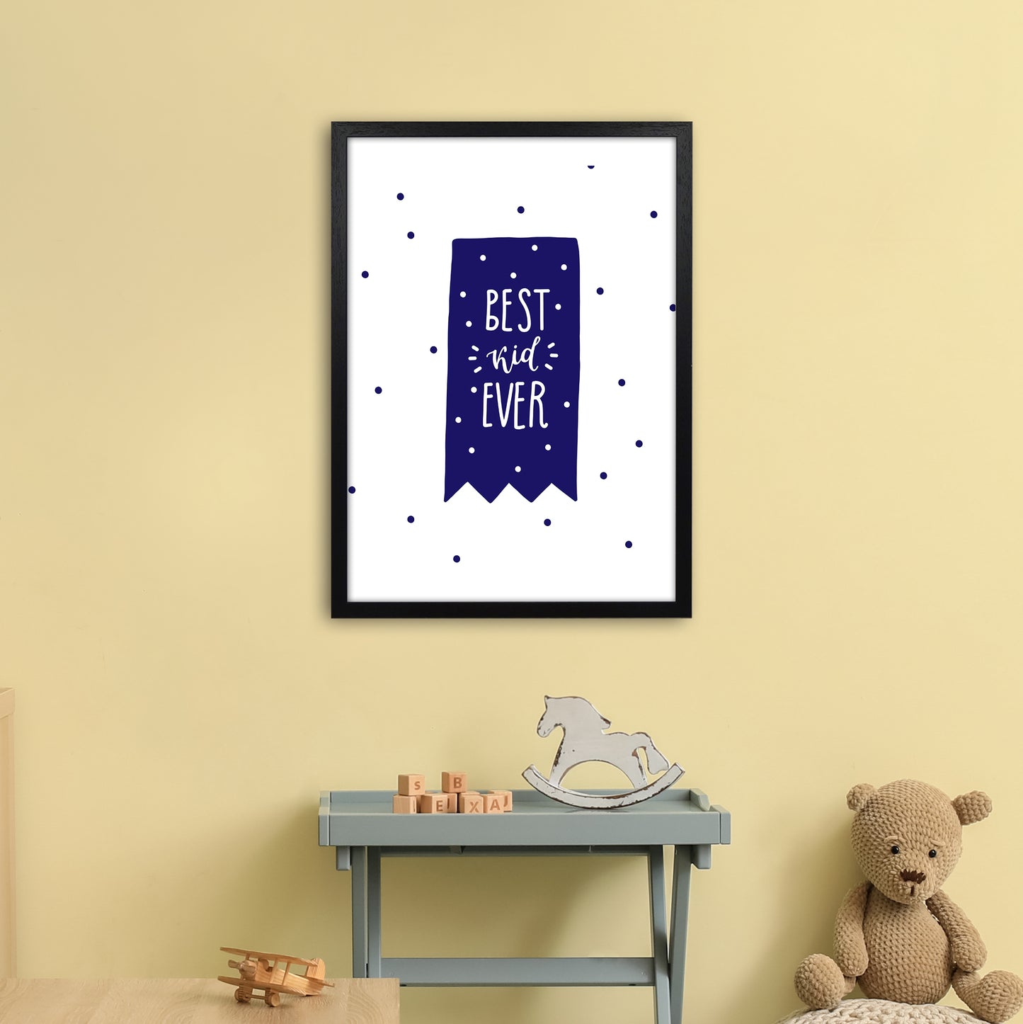 Best Kid Ever Navy Super Scandi Art Print by Pixy Paper A2 White Frame