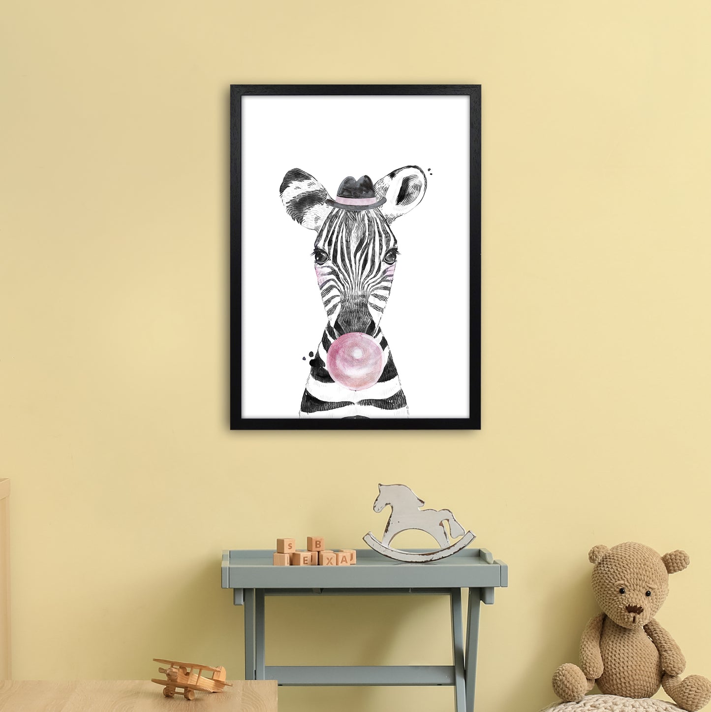 Safari Babies Zebra With Bubble Art Print by Pixy Paper A2 White Frame