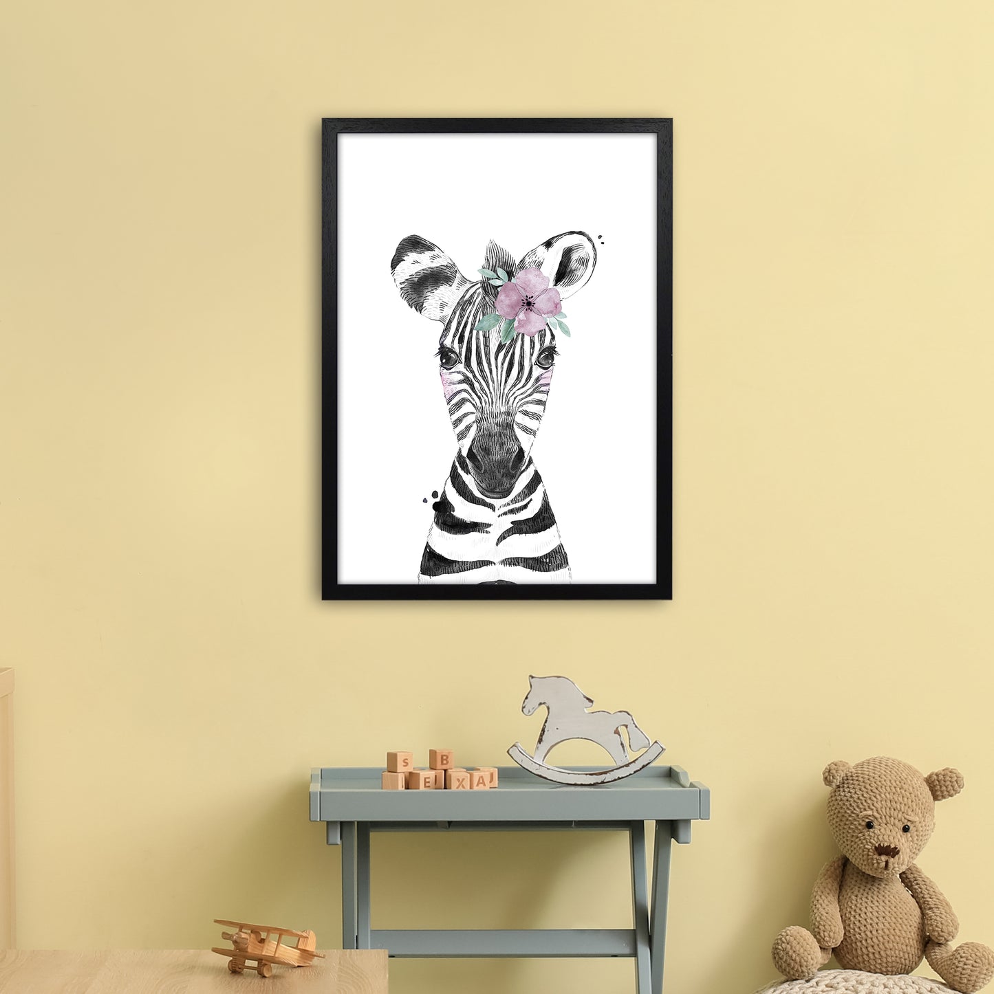 Safari Babies Zebra With Flower Art Print by Pixy Paper A2 White Frame