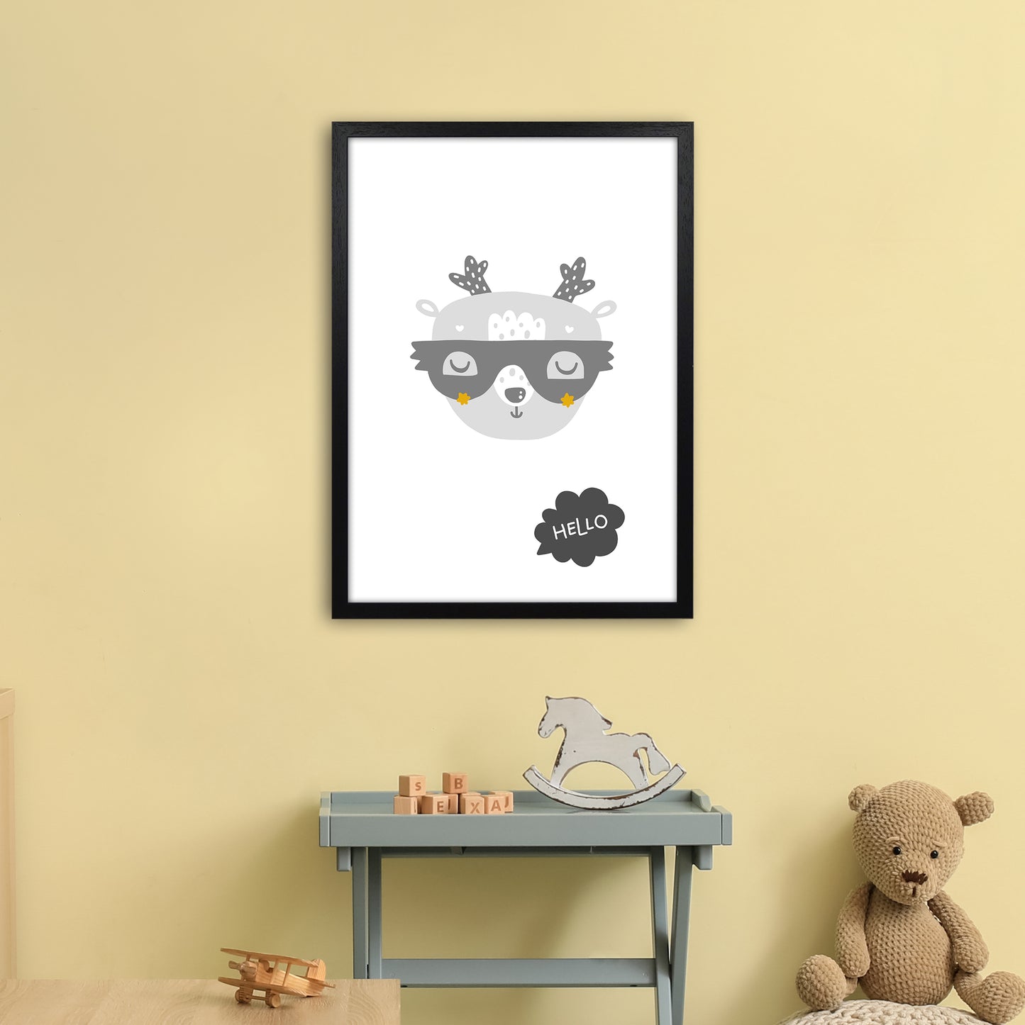 Hello Animal Super Scandi Grey Art Print by Pixy Paper A2 White Frame