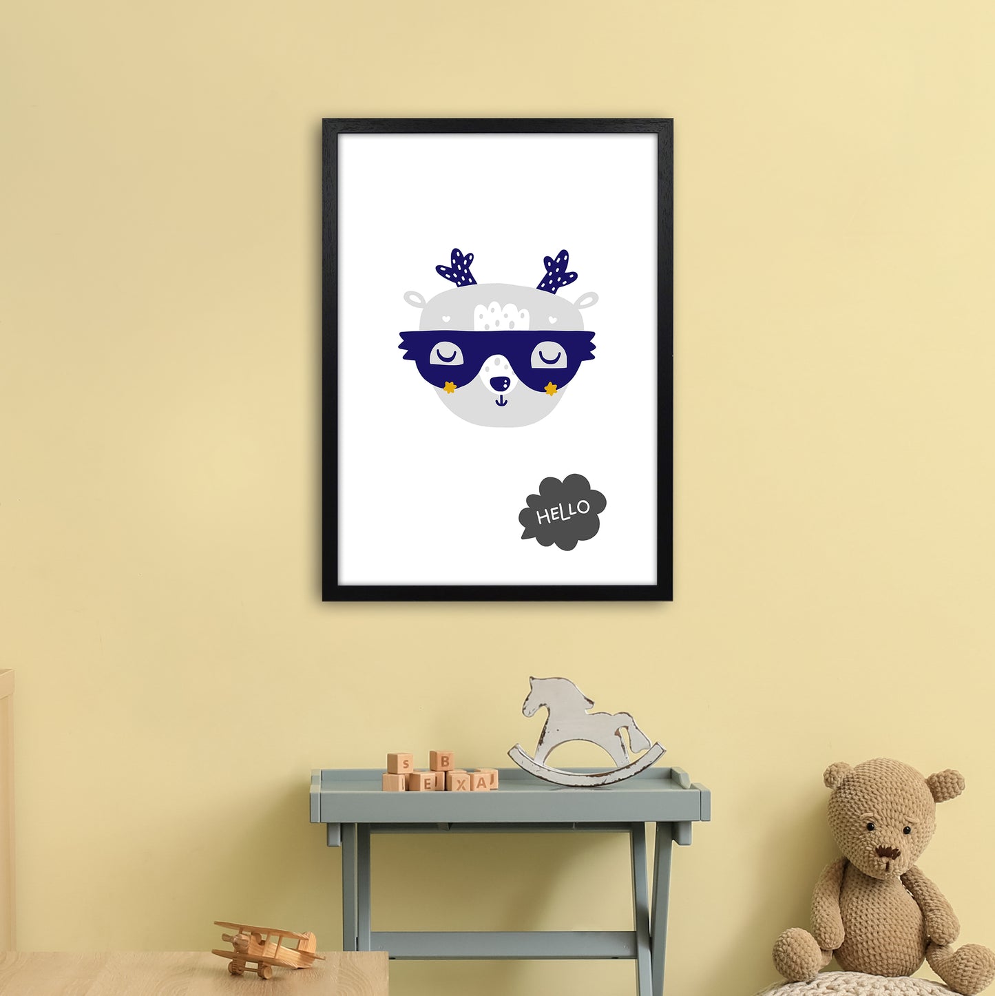 Hello Animal Navy Uper Scandi Art Print by Pixy Paper A2 White Frame