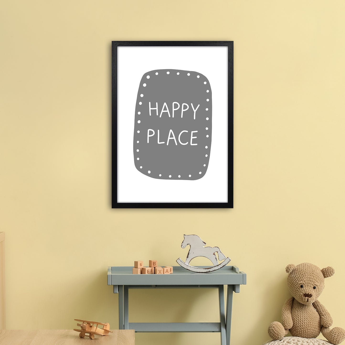Happy Place Super Scandi Grey Art Print by Pixy Paper A2 White Frame