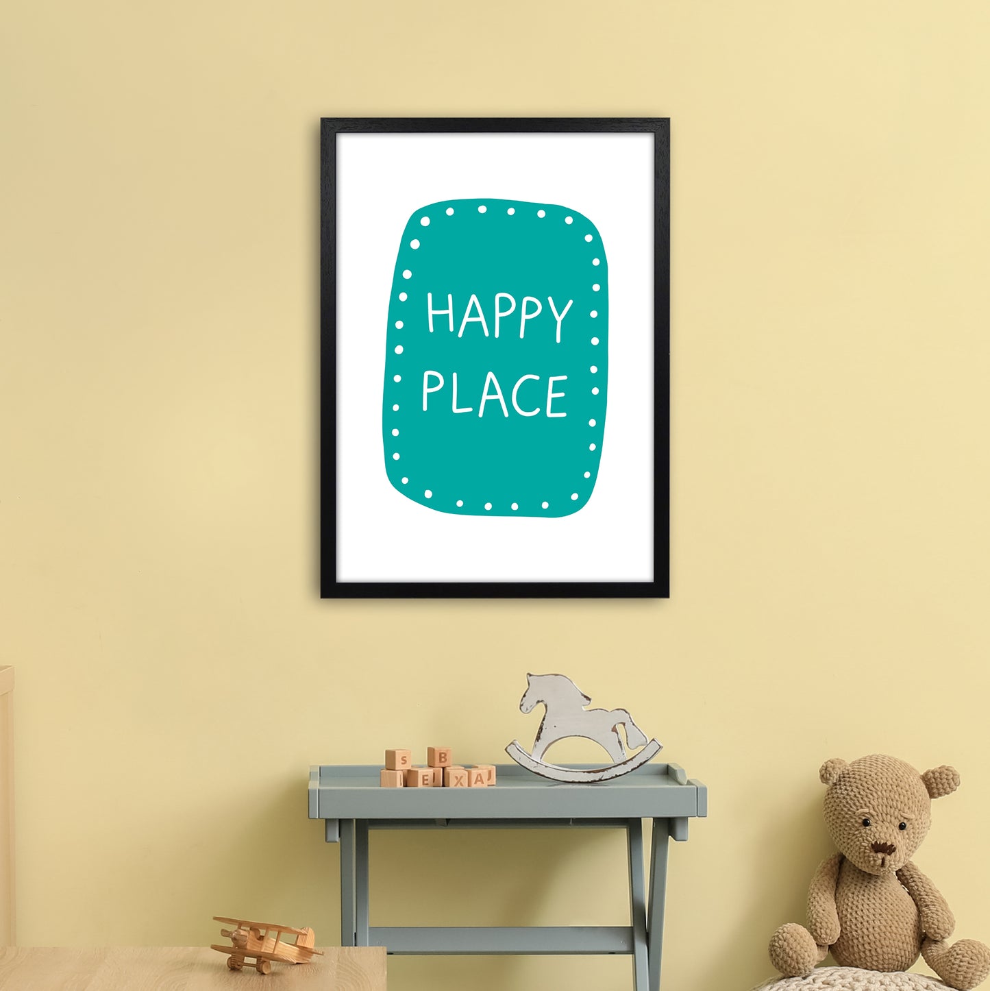 Happy Place Teal Super Scandi Art Print by Pixy Paper A2 White Frame