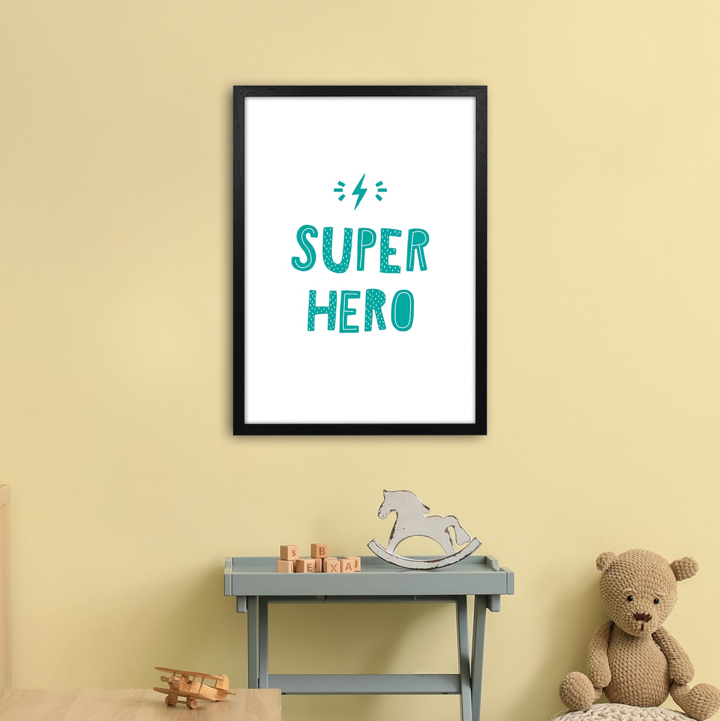 Super Hero Teal Super Scandi Art Print by Pixy Paper A2 White Frame