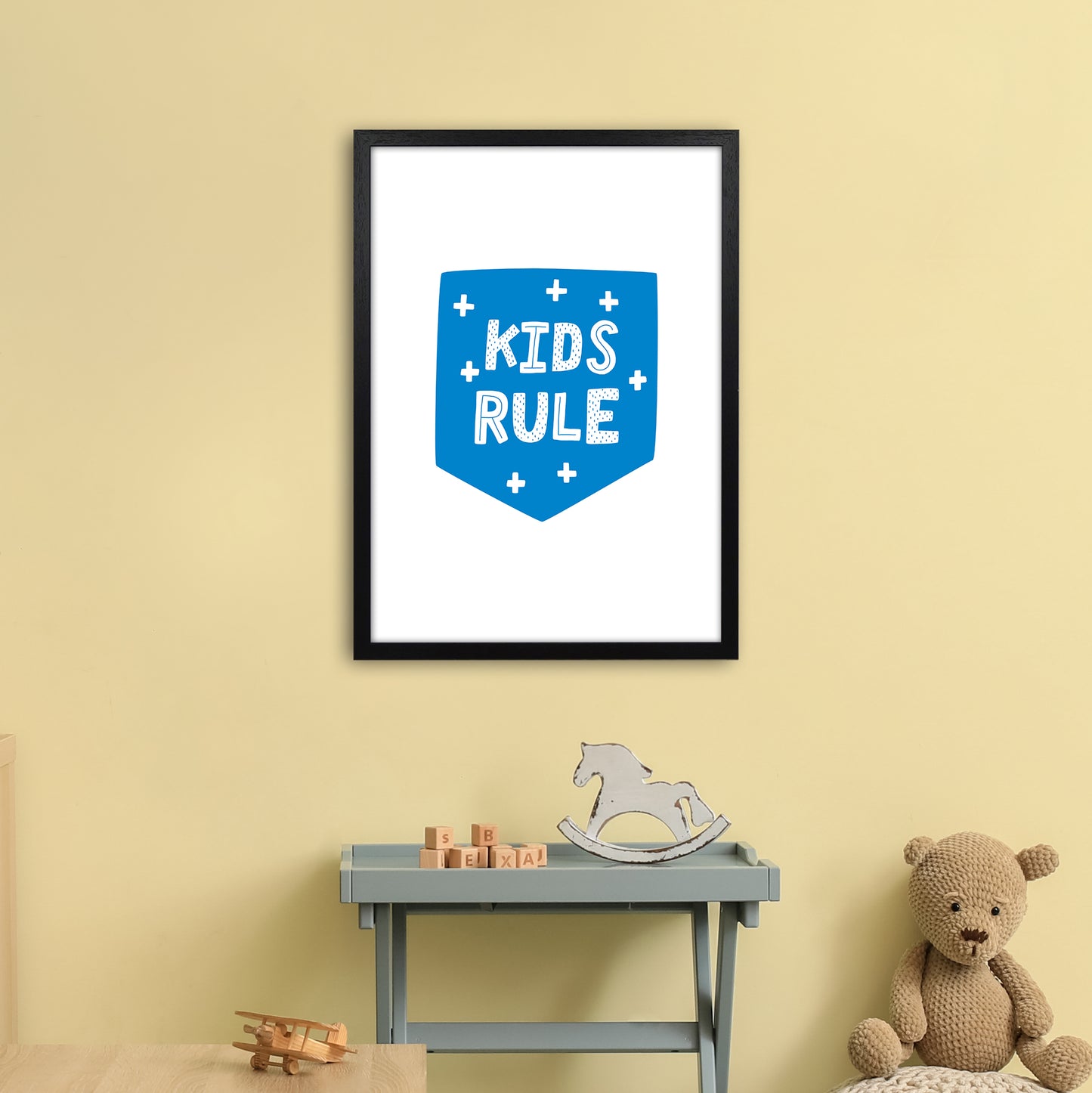Kids Rule Blue Super Scandi Art Print by Pixy Paper A2 White Frame